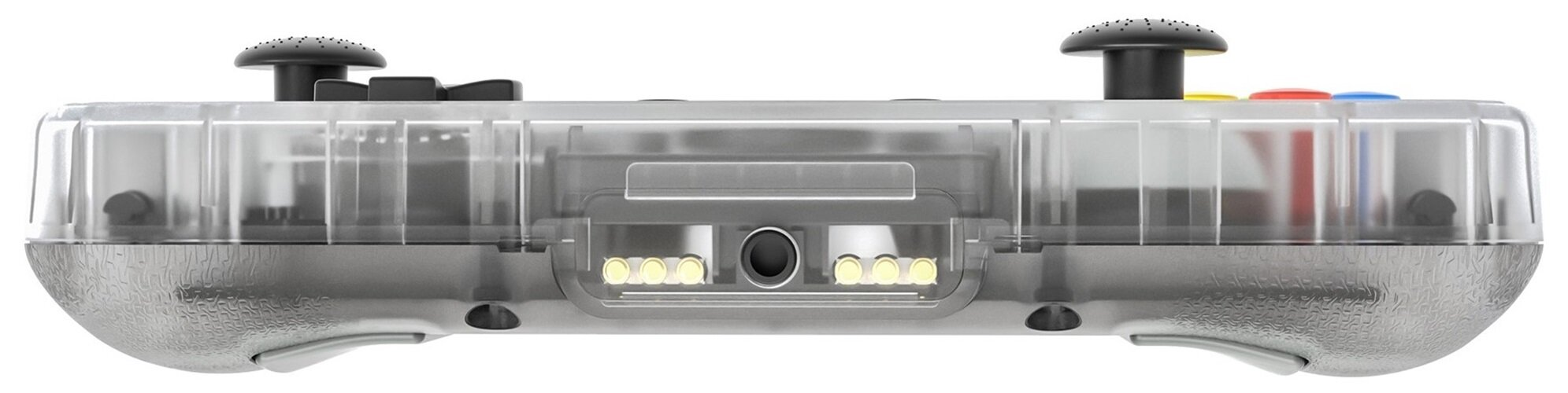 Kontroler z przezroczystym korpusem, pokazujący wewnętrzne komponenty.