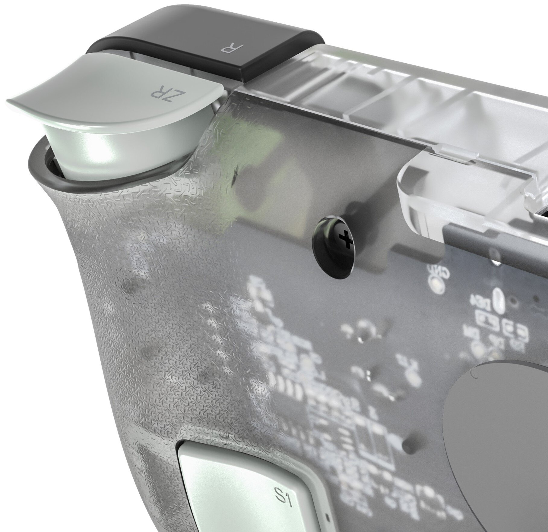 Zbliżenie szarego kontrolera z przezroczystym plastikowym tyłem i przyciskami oznaczonymi 'ZR' i 'S1'.