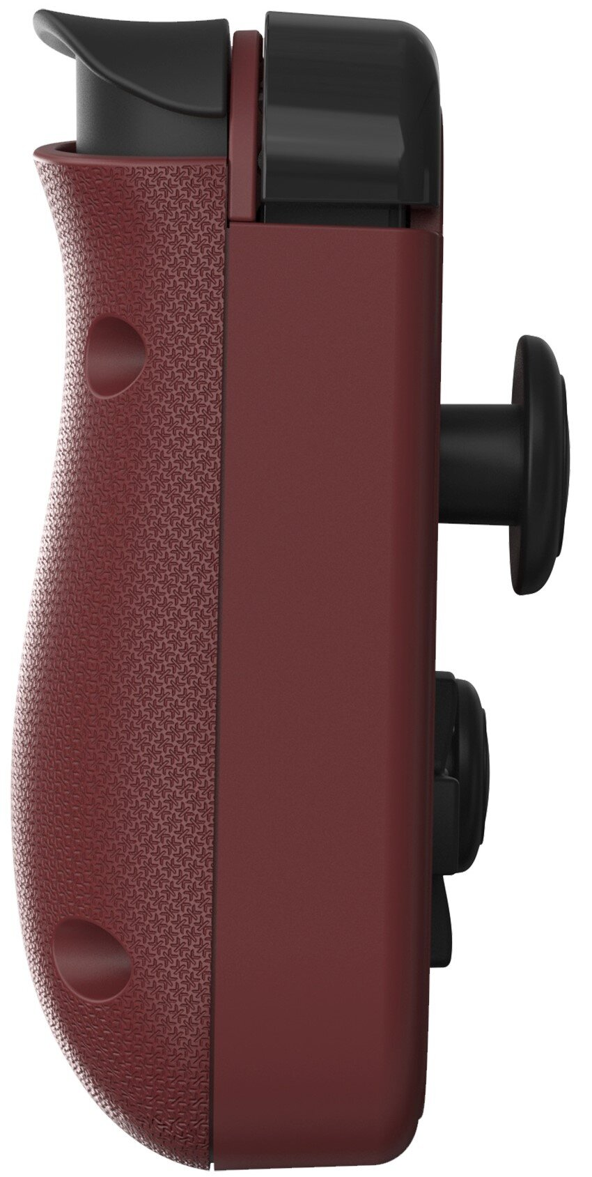 Kontroler do gier na konsolę, z ciemnoczerwonym korpusem i czarnymi joystickami i przyciskami.