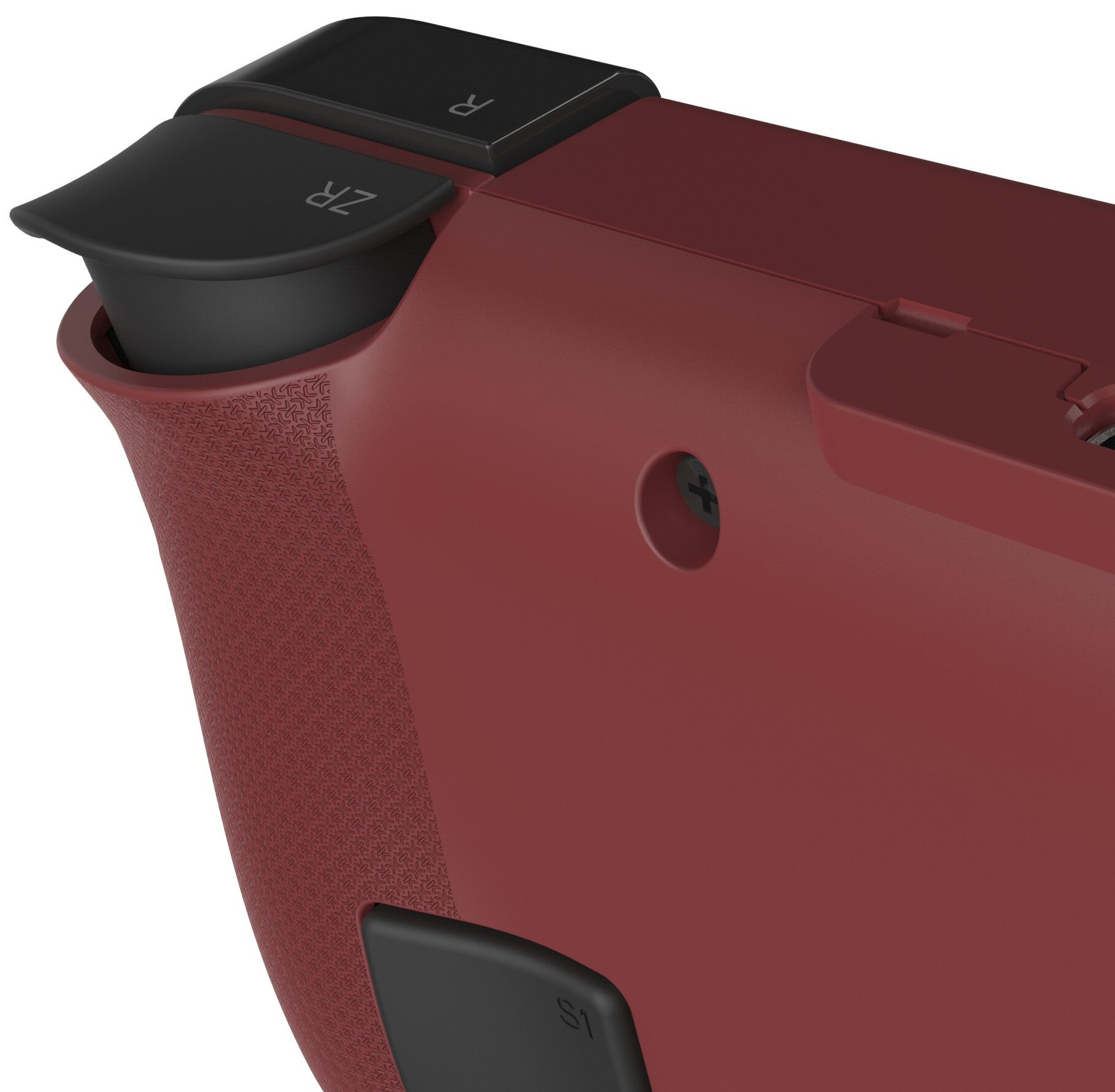 Boczna strona bordowego kontrolera z przyciskami i fakturą uchwytu.