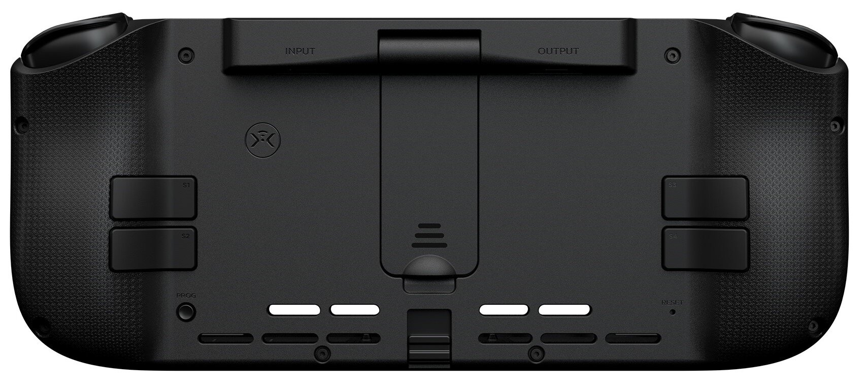 Widok z tyłu czarnego kontrolera do gier. Etykiety wejścia, wyjścia i kilka przycisków widoczne.