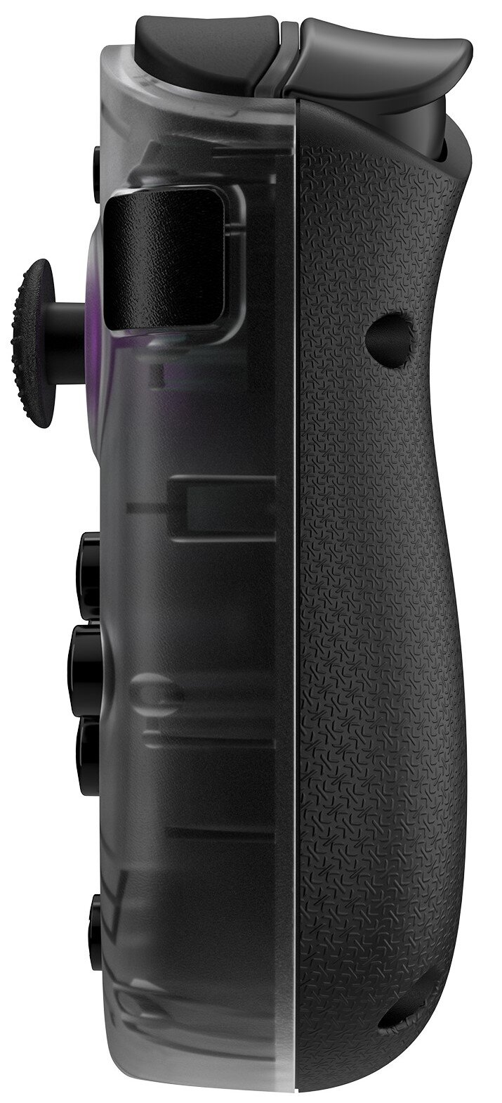 Widok z boku czarnego przenośnego urządzenia do gier z przyciskami i fakturą uchwytu.