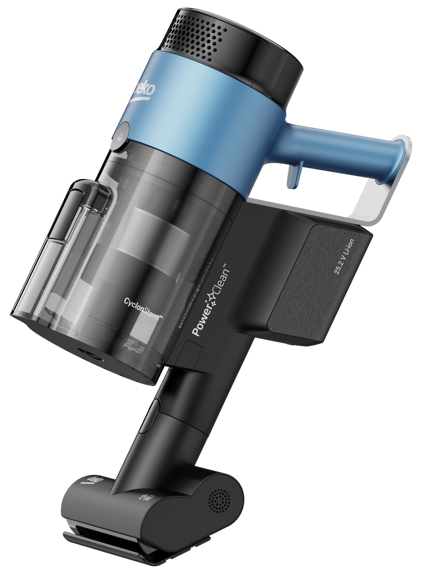 Odkurzacz bezprzewodowy Beko, niebiesko-czarny, z baterią.
