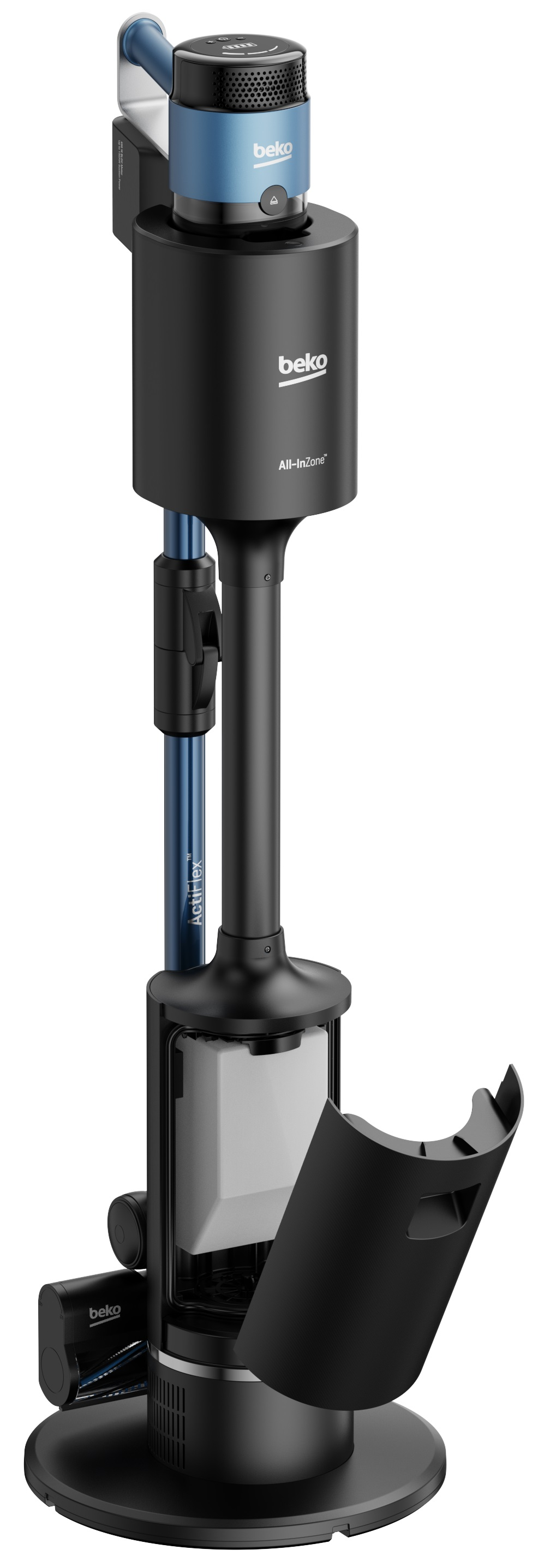 Czarny i niebieski odkurzacz Beko na stacji ładującej.