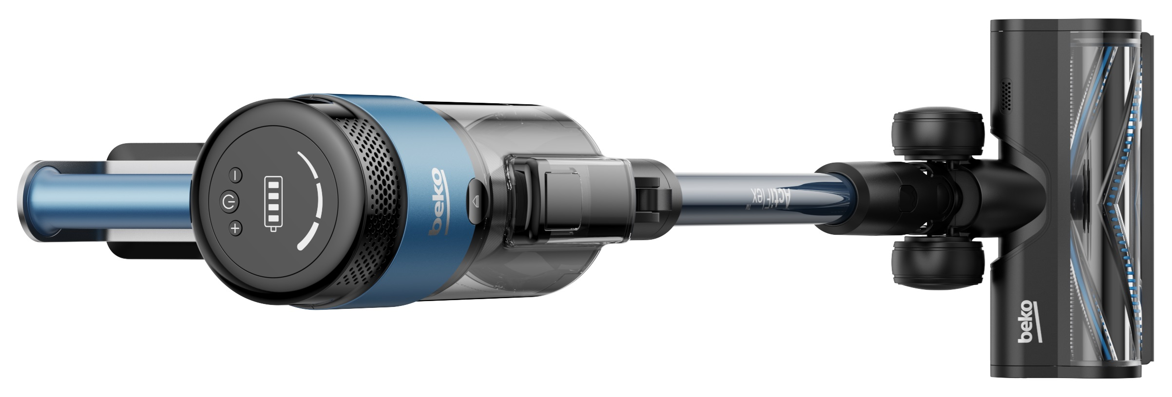 Widok z góry na niebiesko-czarny odkurzacz bezprzewodowy Beko, z przyciskiem i głowicą.