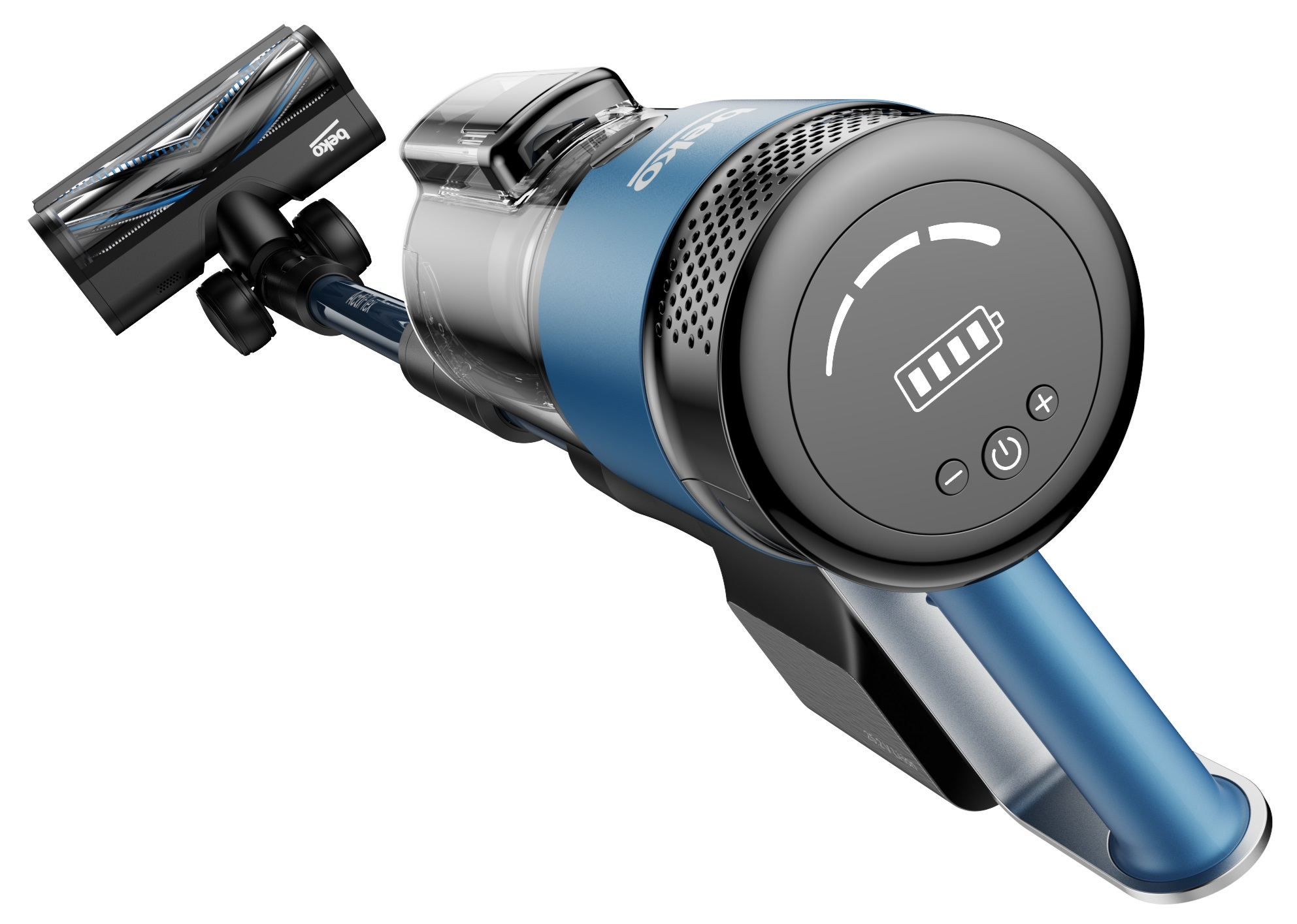 Niebieski i czarny odkurzacz bezprzewodowy. Ma głowicę szczotkową i wyświetlacz cyfrowy.