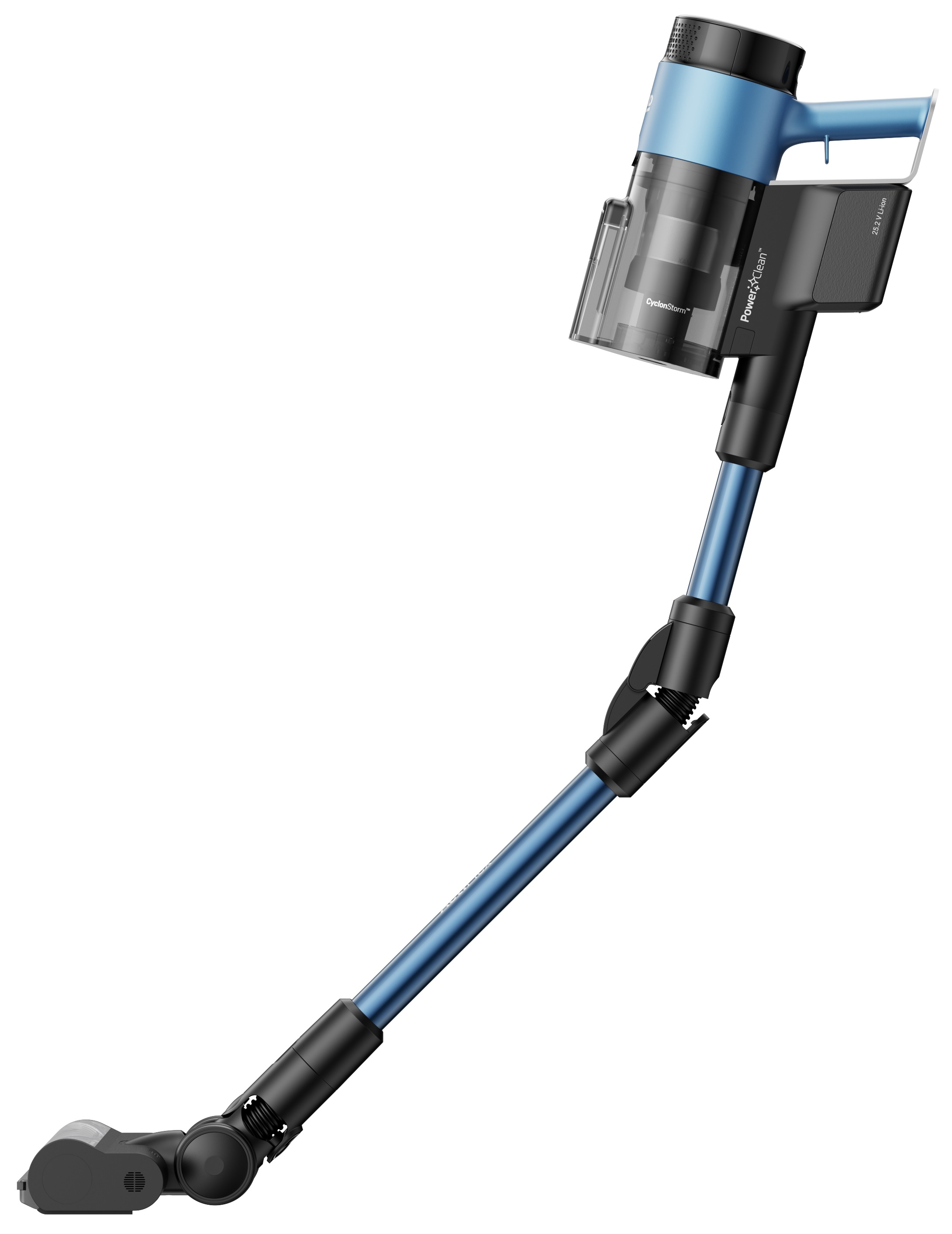 Niebieski odkurzacz bezprzewodowy, ustawiony pod kątem na białym tle.