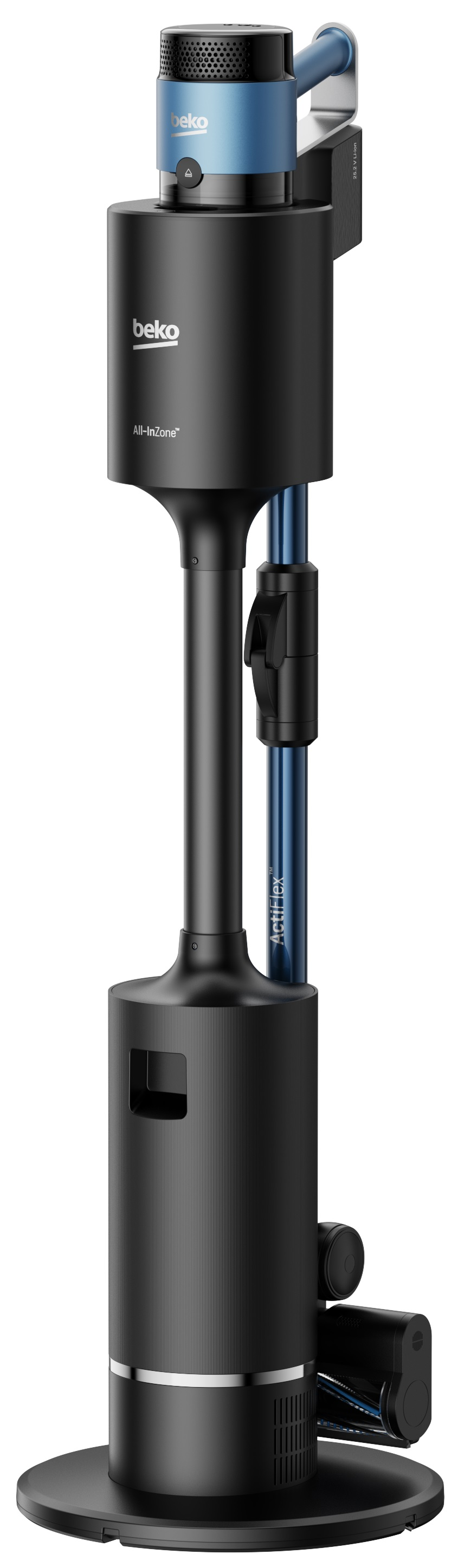 Odkurzacz pionowy Beko All-In-One, czarny i niebieski, stojący pionowo.