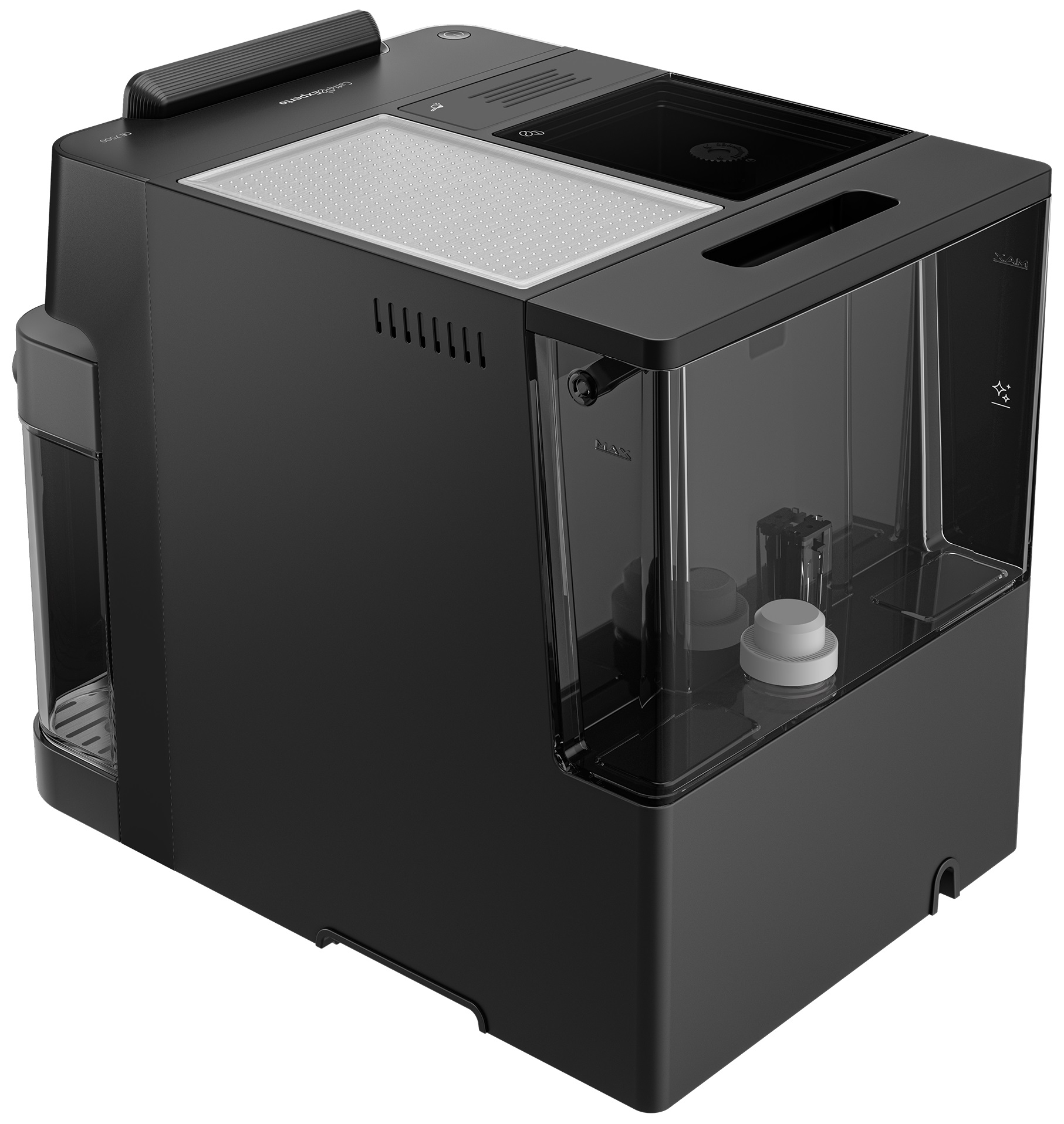 Czarny ekspres do kawy ze zbiornikiem na wodę i górną komorą.