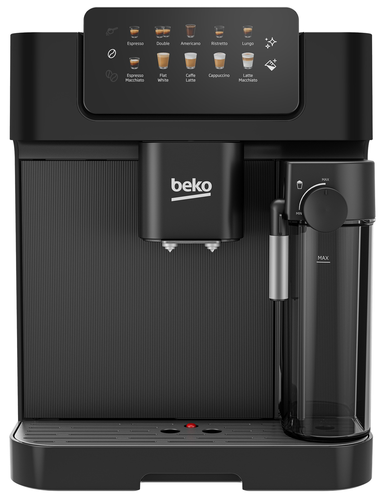 Czarny ekspres do kawy Beko. Ma panel dotykowy i przezroczysty zbiornik na wodę po prawej stronie.
