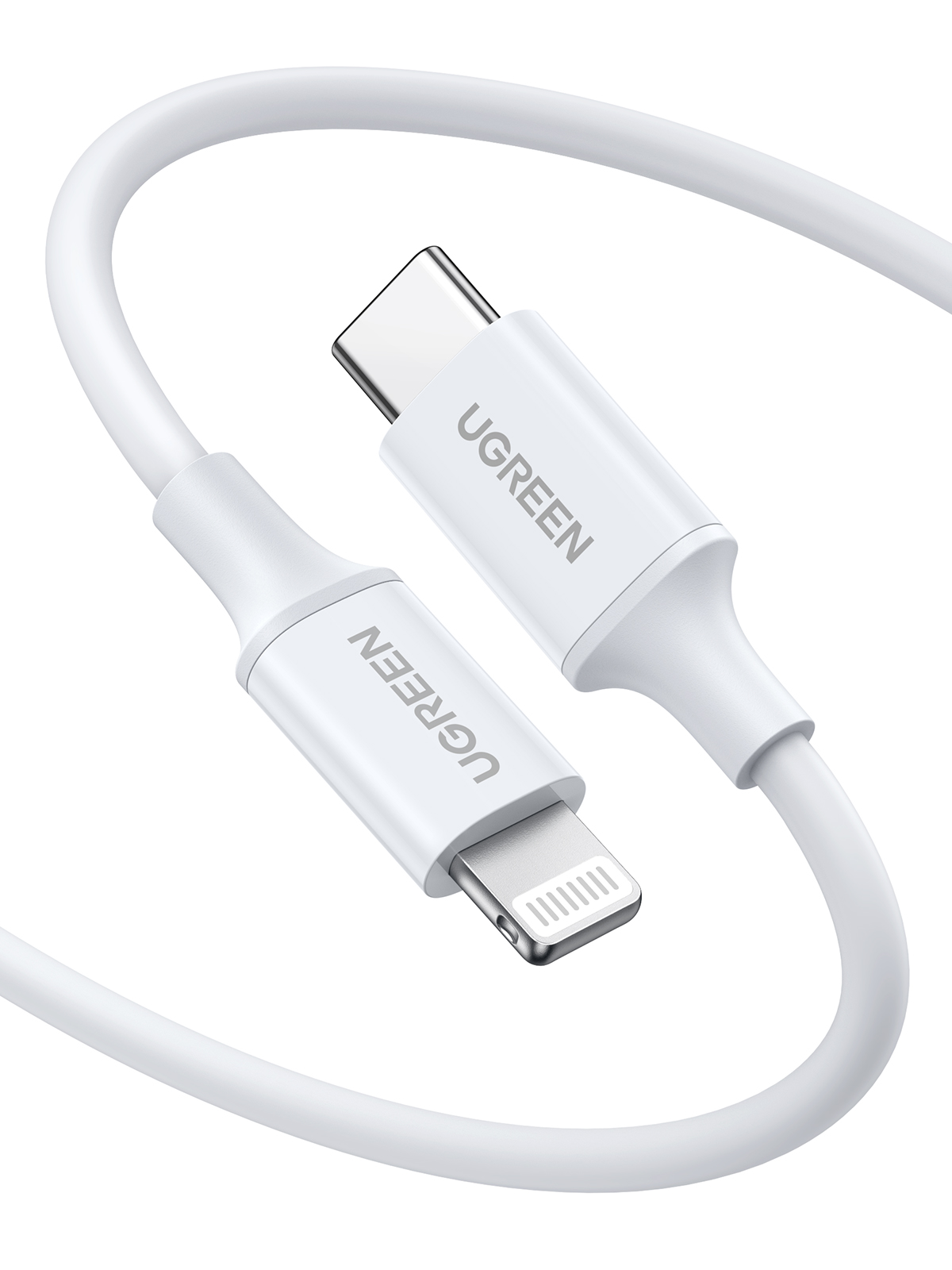 UGREEN logolu, USB-C ve Lightning konektörlü beyaz bir USB kablosu.