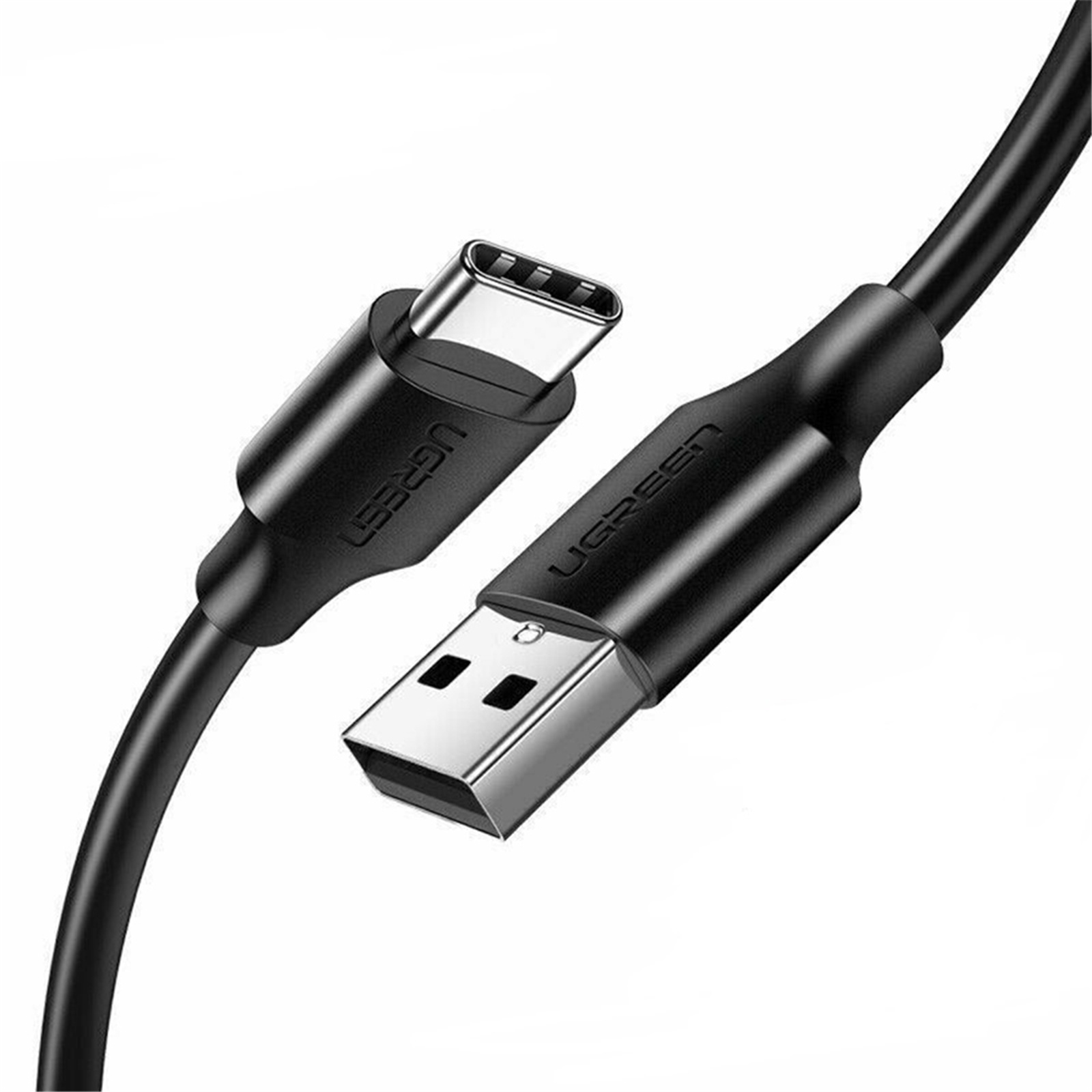 Beyaz zemin üzerinde UGREEN logolu ve USB konektörlü siyah USB-C kablosu.