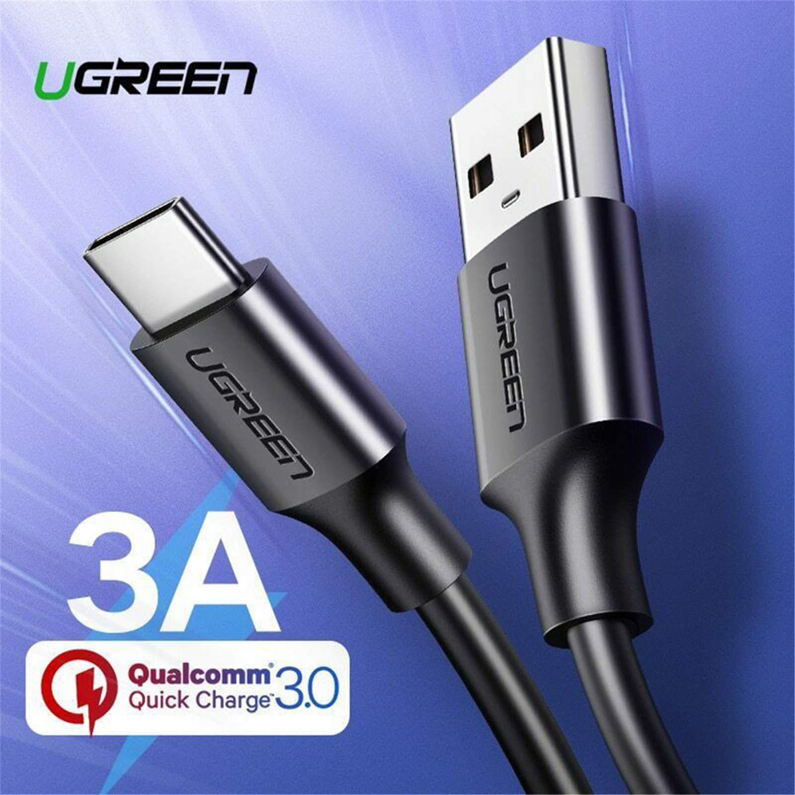 Siyah bir UGREEN USB-C - USB kablosu, UGREEN logosu, 3A ve Qualcomm 3.0 etiketleriyle.