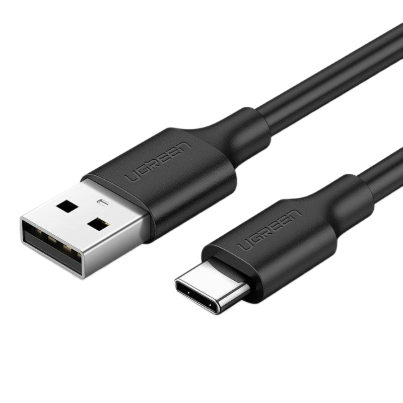 USB ve USB-C konektörlü siyah UGREEN USB kablosu. Siyah arka plan.