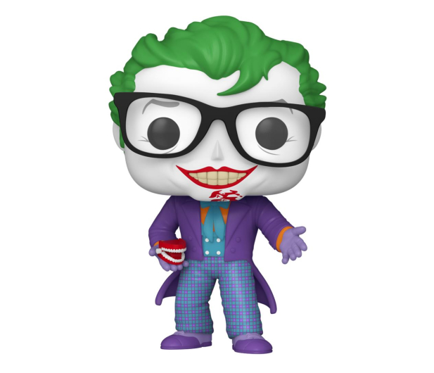 Figurka Jokera z zielonymi włosami, okularami i fioletowym garniturem trzymająca zęby.