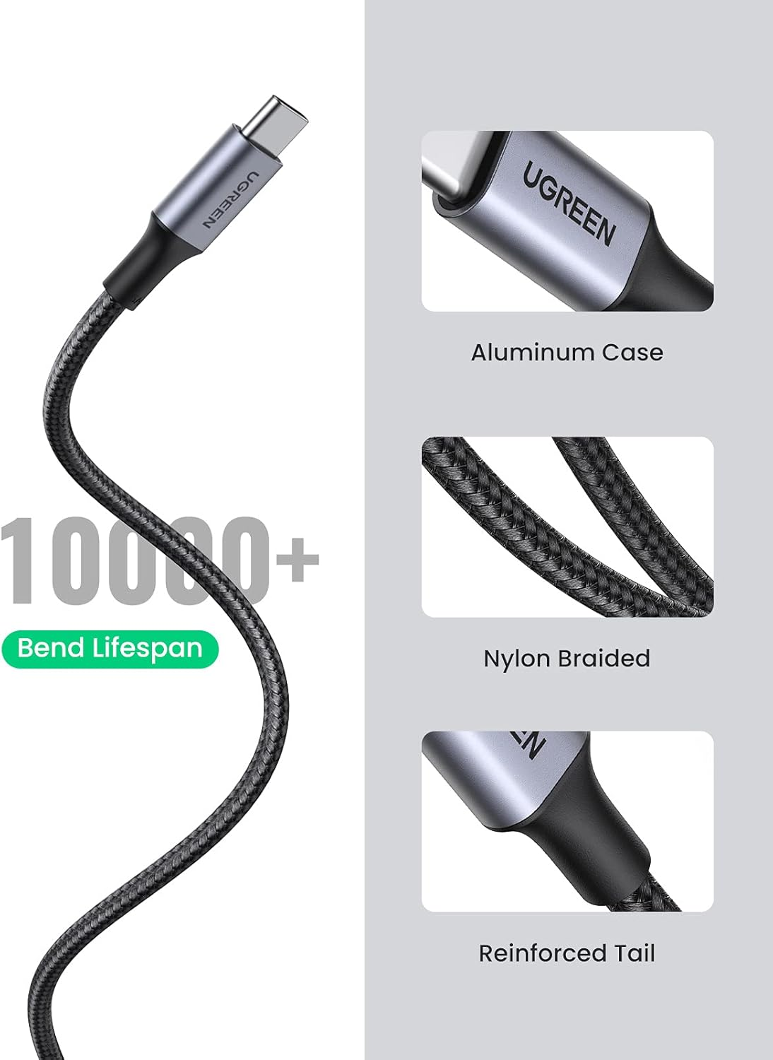 UGREEN logolu gri USB-C kablosu. Özellikleri arasında alüminyum kasa, naylon örgü ve güçlendirilmiş kuyruk bulunur.