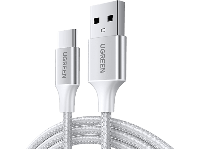 UGREEN USB-C to USB-A 3A QC Örgülü Hızlı Şarj Kablosu 1 m Gümüş Beyazı_0