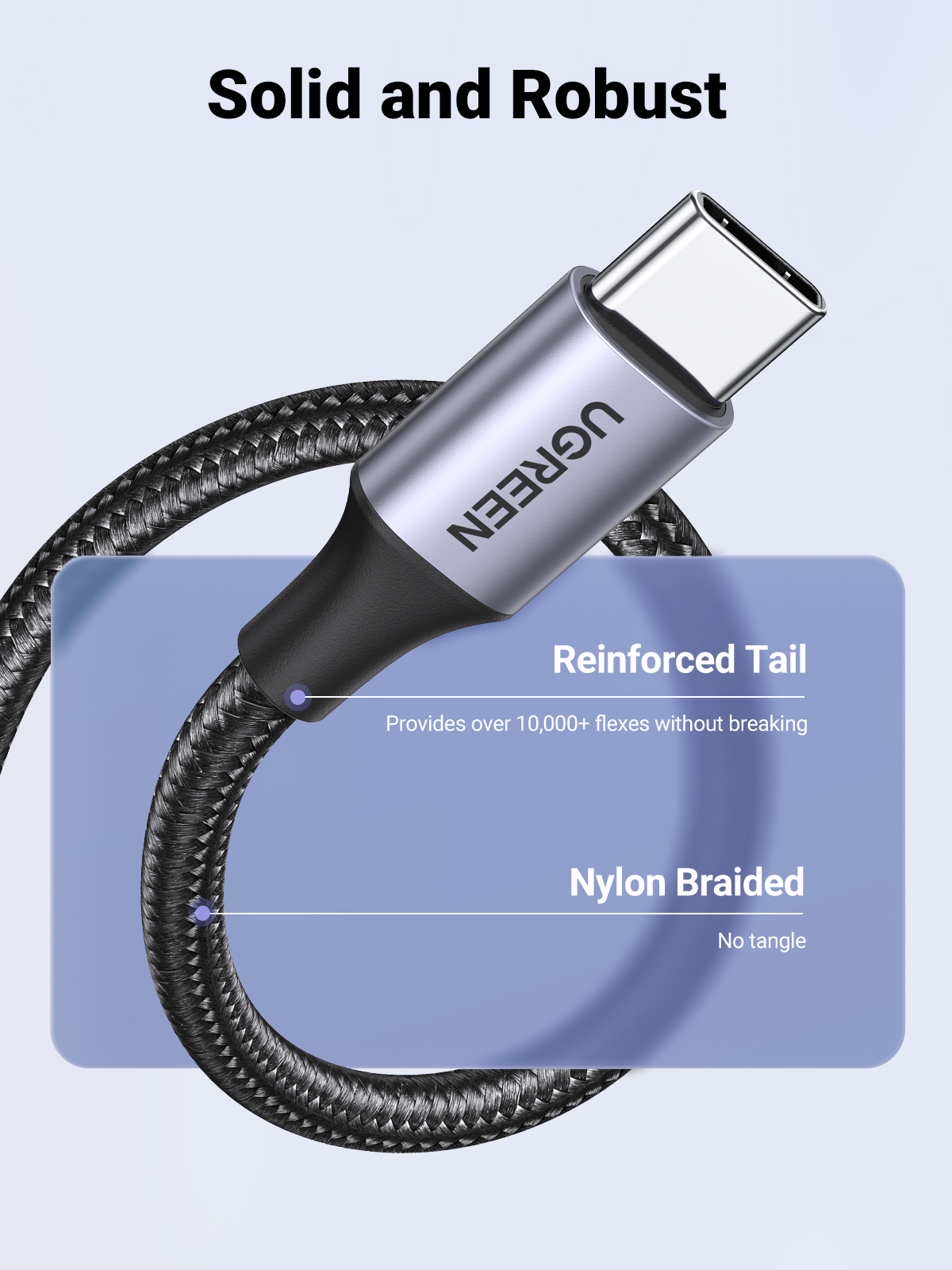 Ugreen USB-C kablosu. Siyah örgülü kablo, güçlendirilmiş kuyruk. Metin, naylon örgülü olduğunu belirtir.