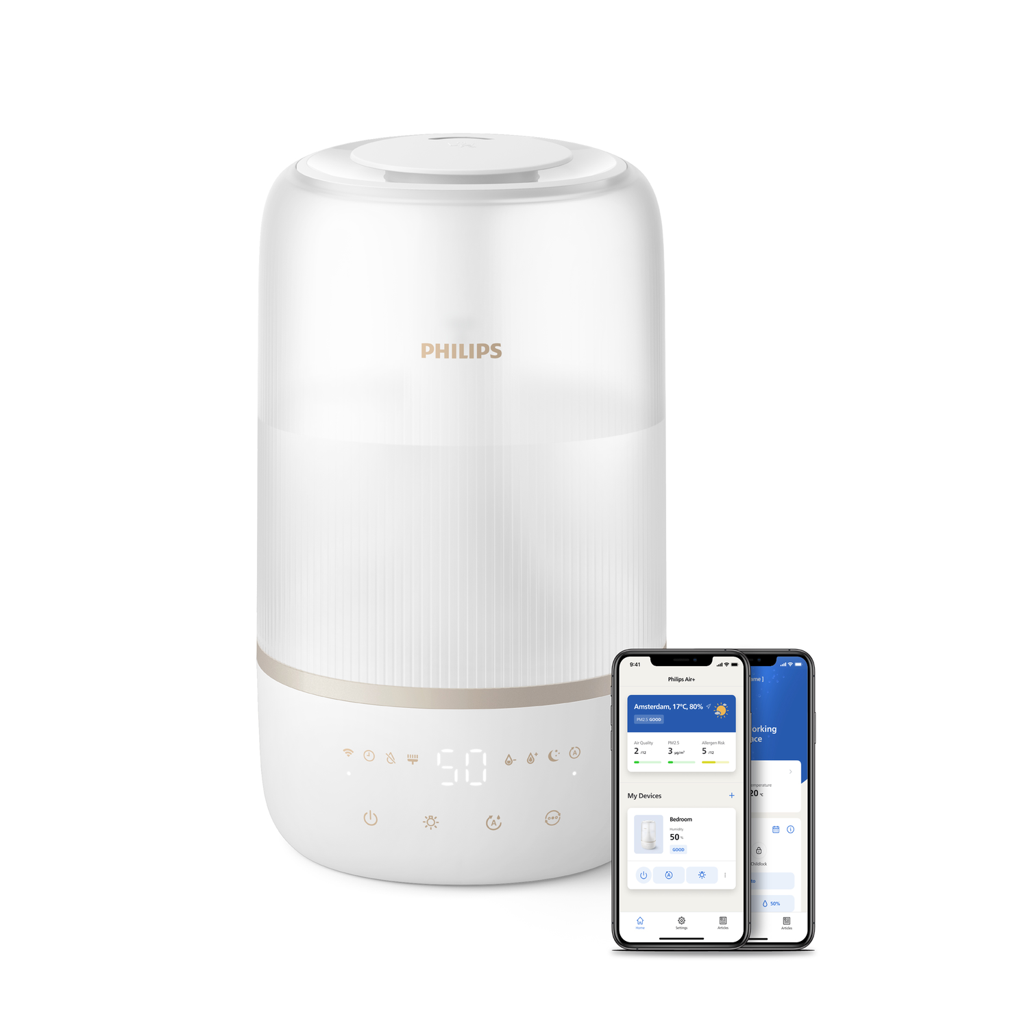 White humidifier with a digital display and two phones.