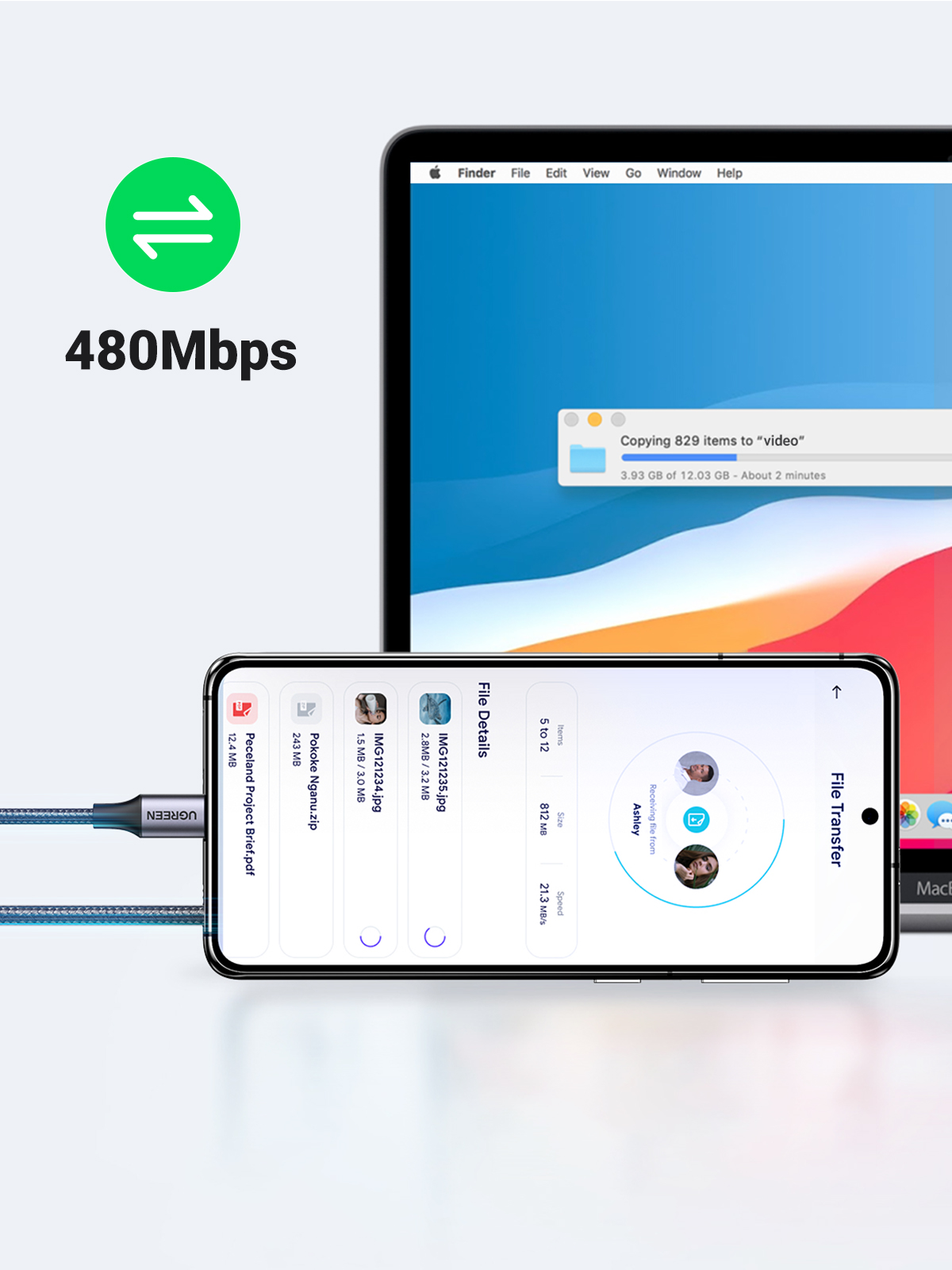 Bir telefon ve tablet, mavi bir kablo aracılığıyla dosya aktarıyor. Ekran dosya ayrıntılarını gösteriyor.