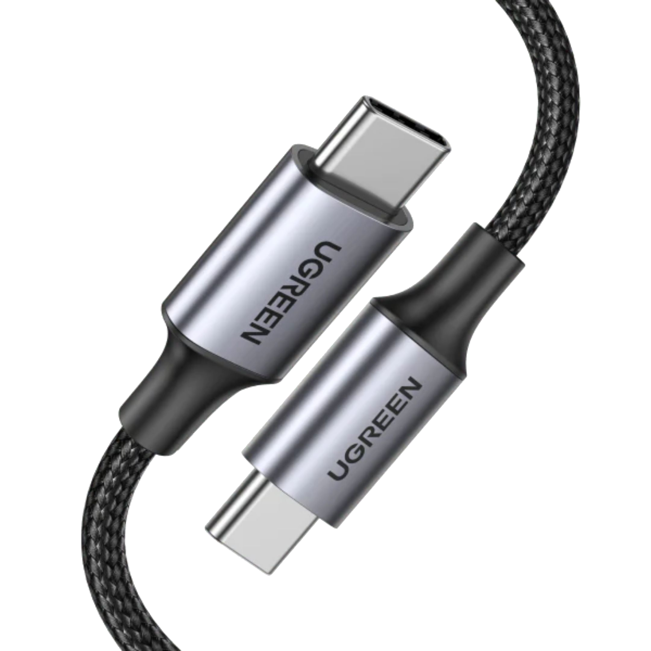 USB-C kablosu, siyah örgülü, gümüş konektörler. Konektörlerde UGREEN logosu.