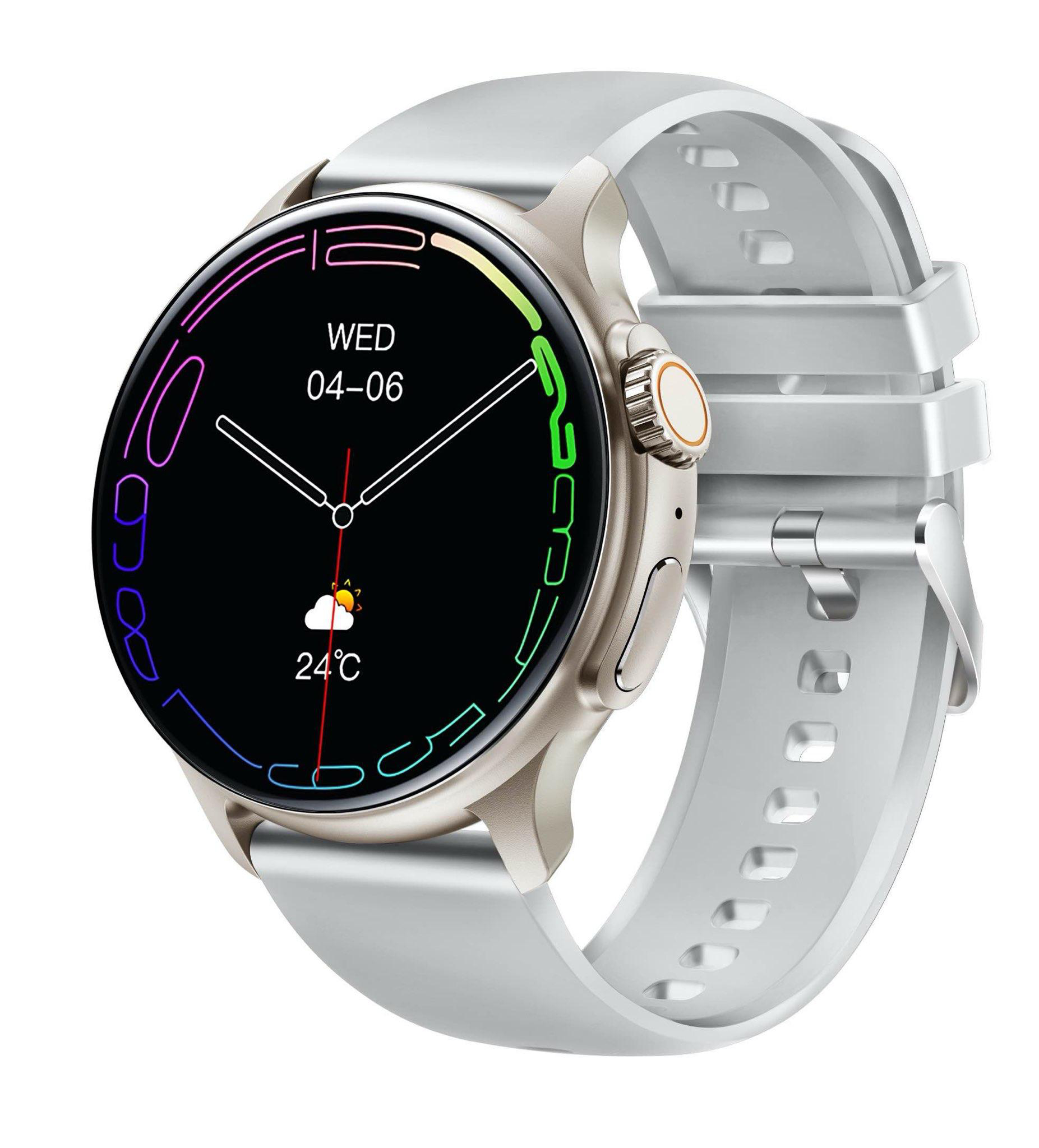 Eine silberne Smartwatch mit rundem Zifferblatt zeigt Datum und Uhrzeit an, mit weißem Armband und goldenem Rahmen.