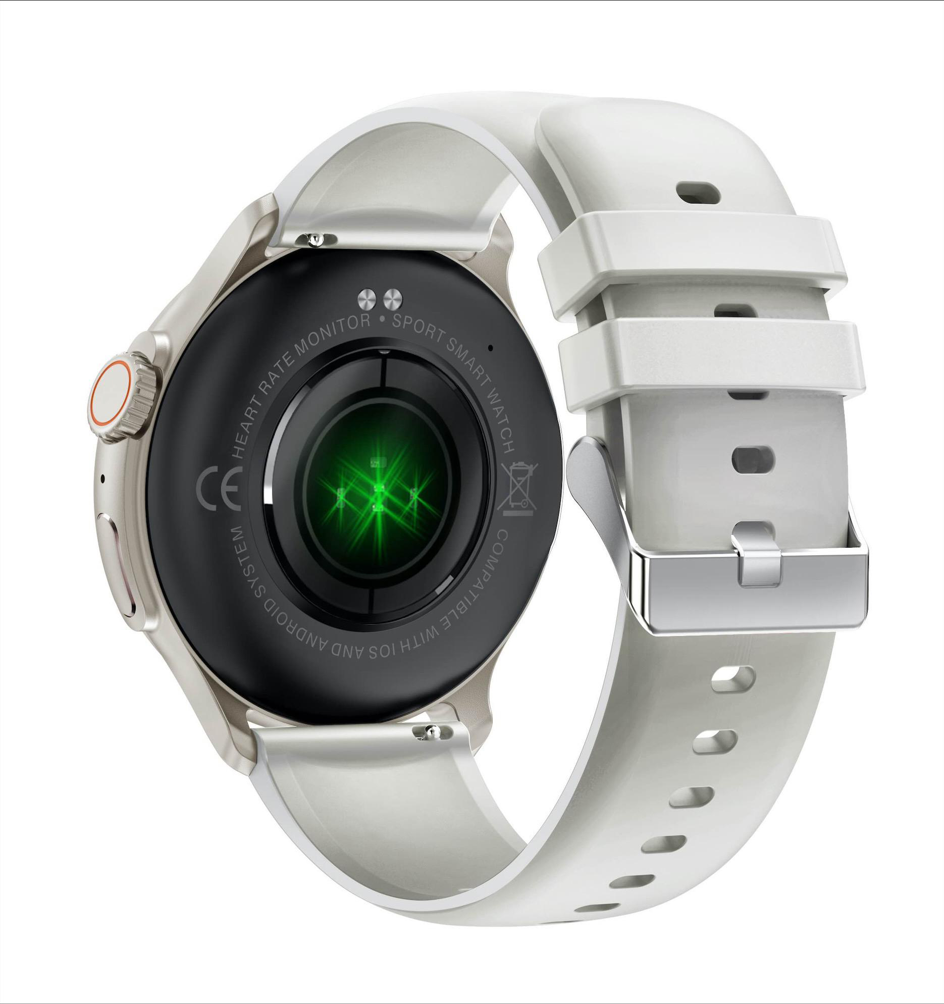 Smartwatch mit weißem Armband, silbernem Gehäuse und grünem Herzfrequenzsensor auf der Unterseite.