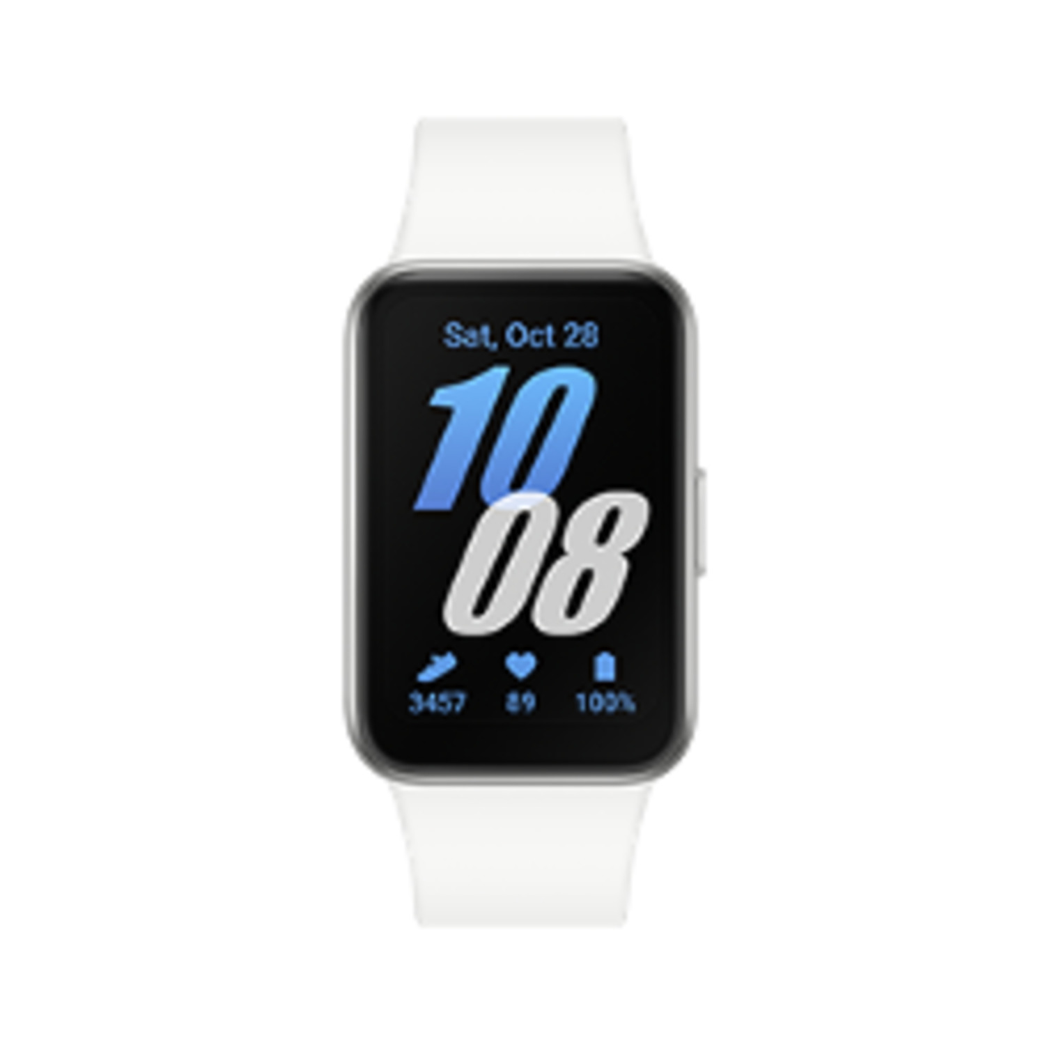 Witte smartwatch met witte band, tijd 10:08 weergegeven.