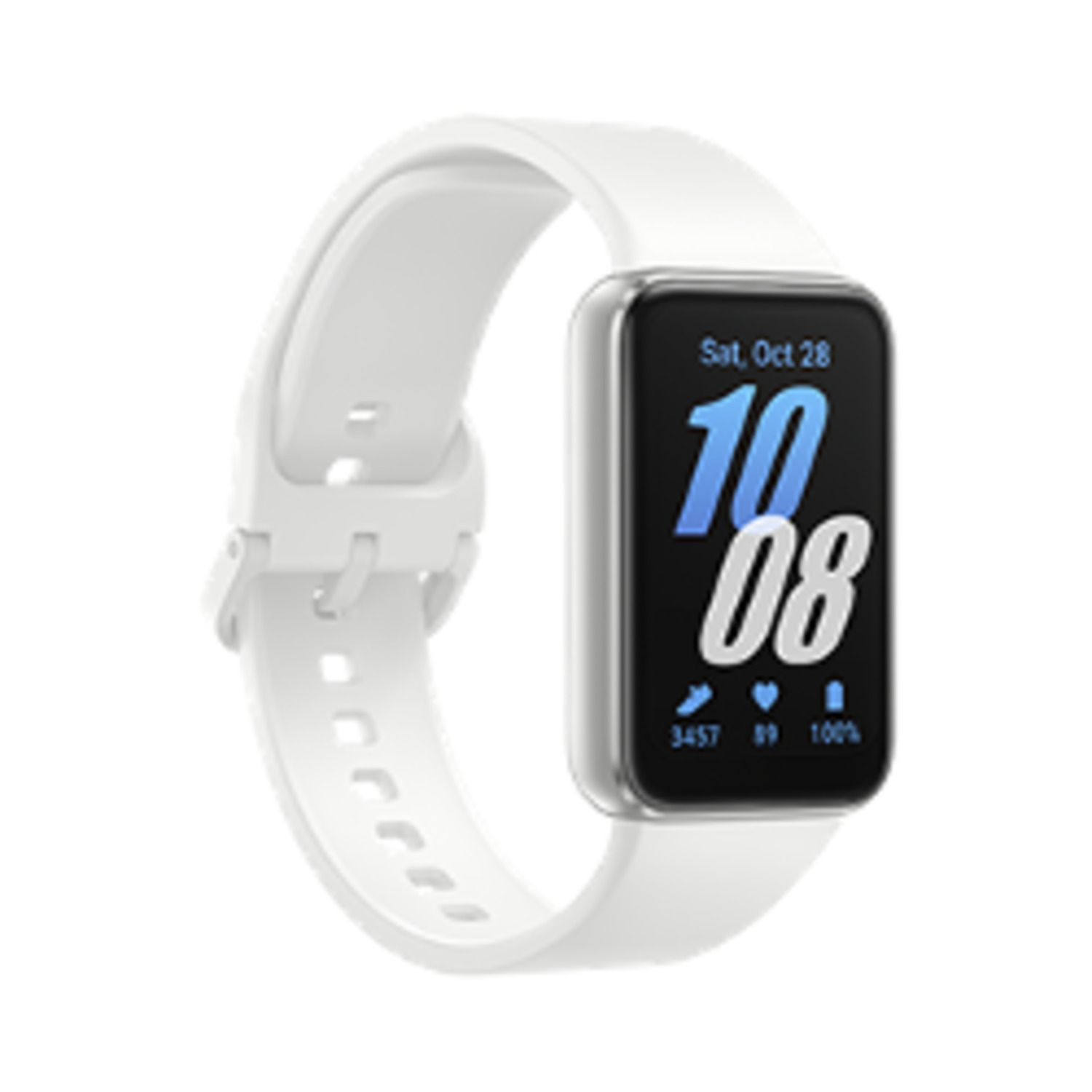 Een witte smartwatch met een witte band. Toont de datum en tijd op het scherm.