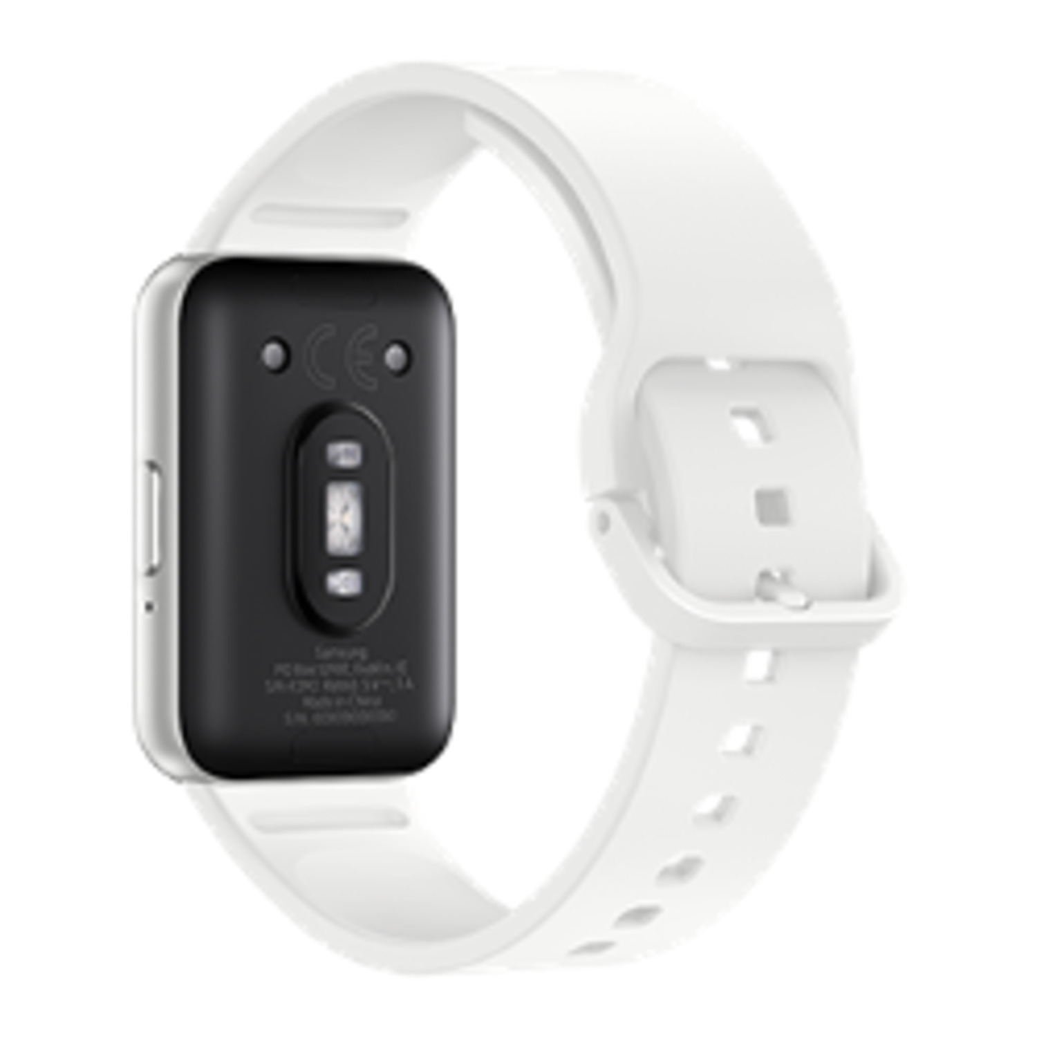 Achterkant van een witte smartwatch met een witte band. Het heeft sensoren en oplaadcontacten.