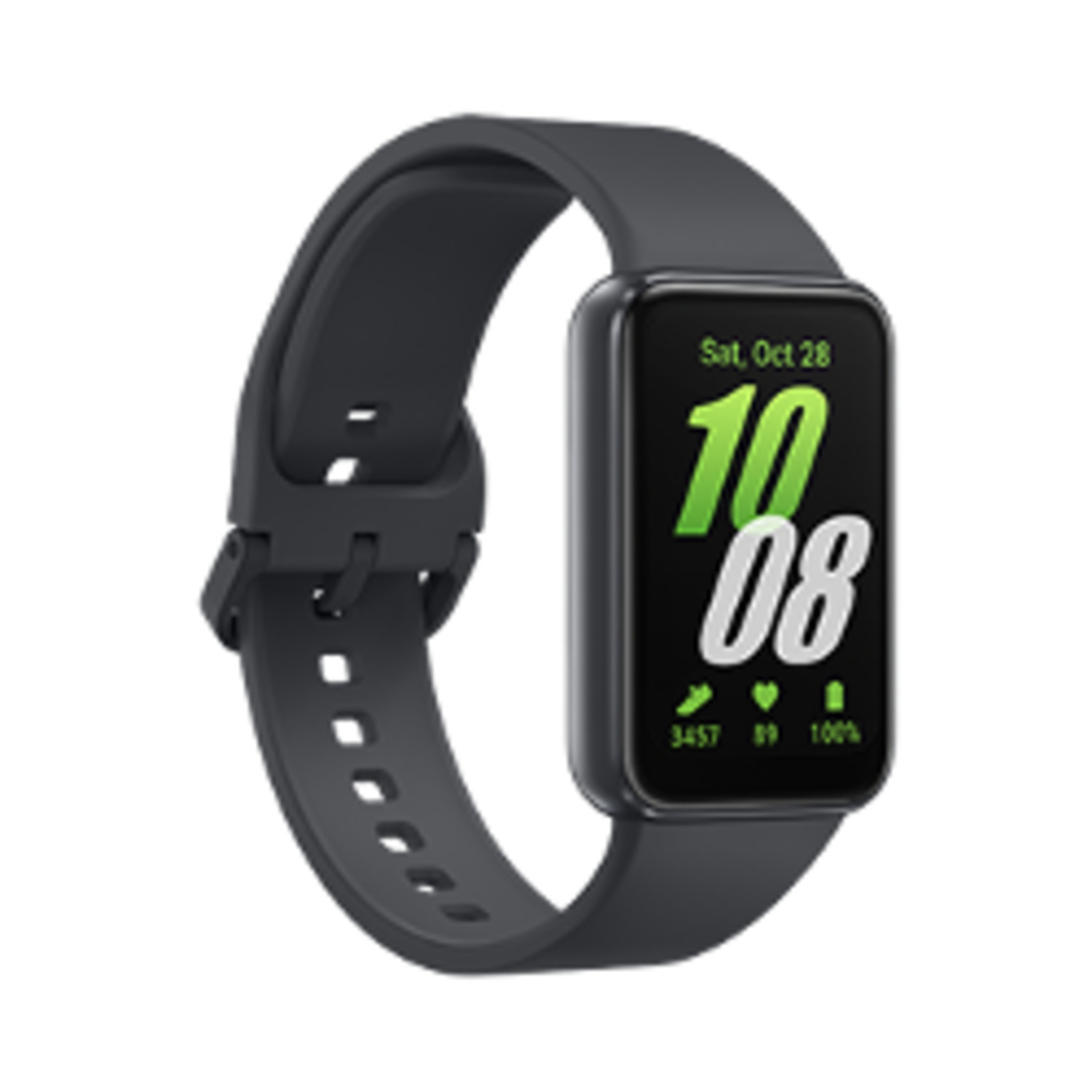Black smartwatch with a digital display showing time and stats.
