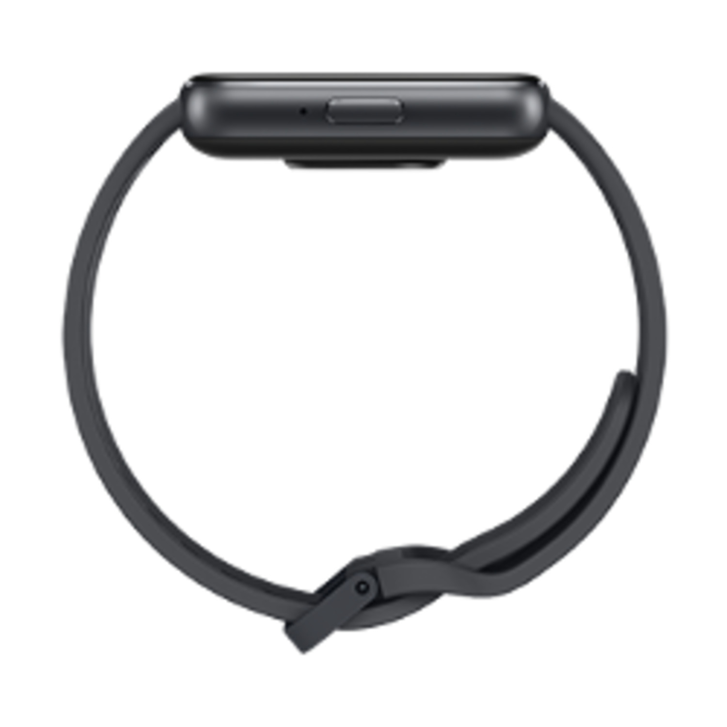 Smartwatch, top view, black. Round face, black band, buckle. Plain background.