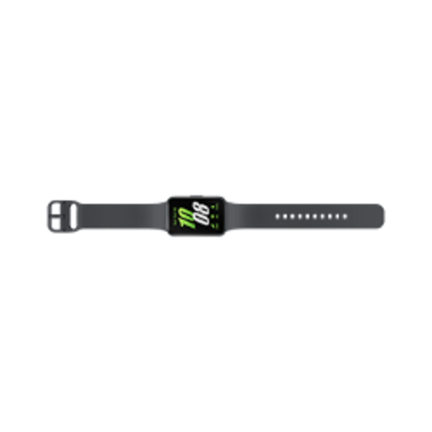 A black smartwatch with a black strap, displaying time.