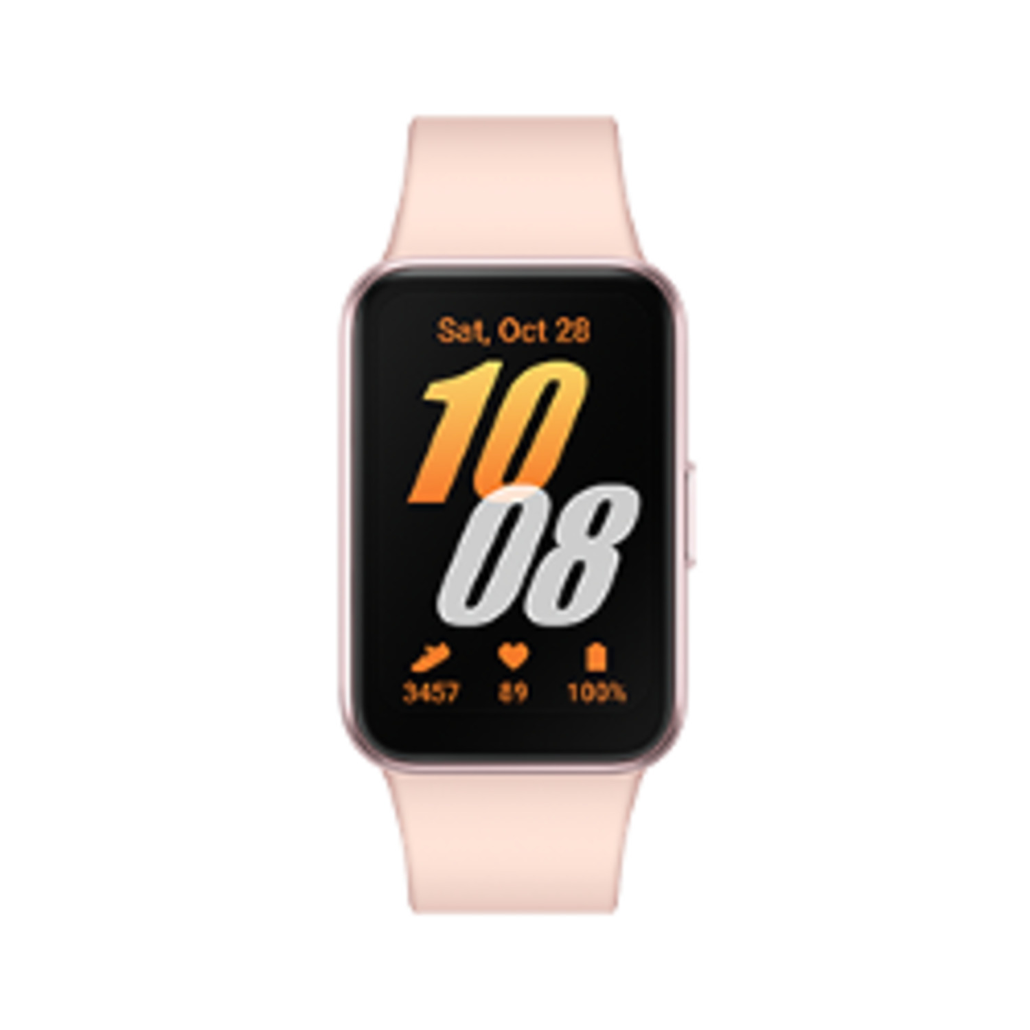 Roze smartwatch met zwart scherm met datum en tijd. Roze band. Witte achtergrond.