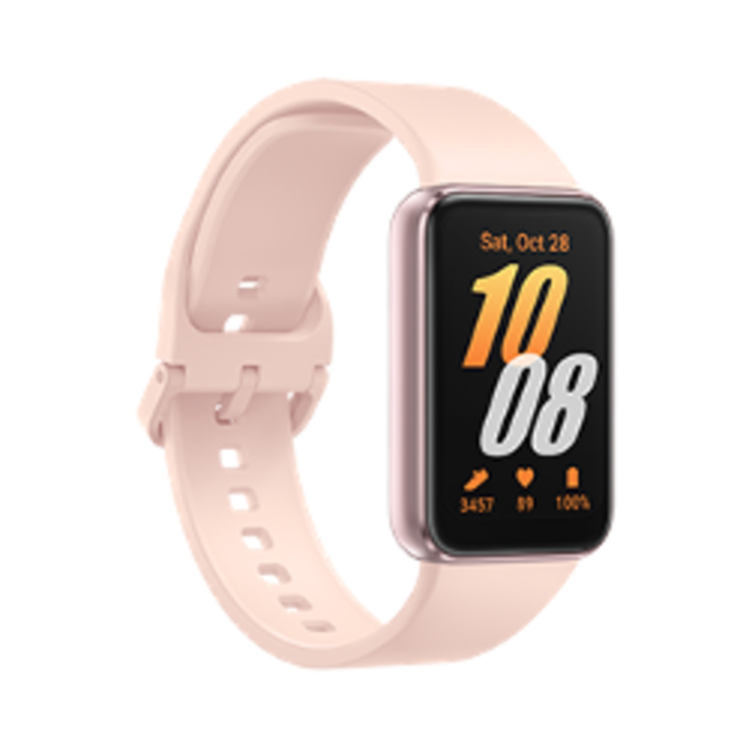 Een roze smartband met een display met tijd- en activiteitsgegevens, op een witte achtergrond.
