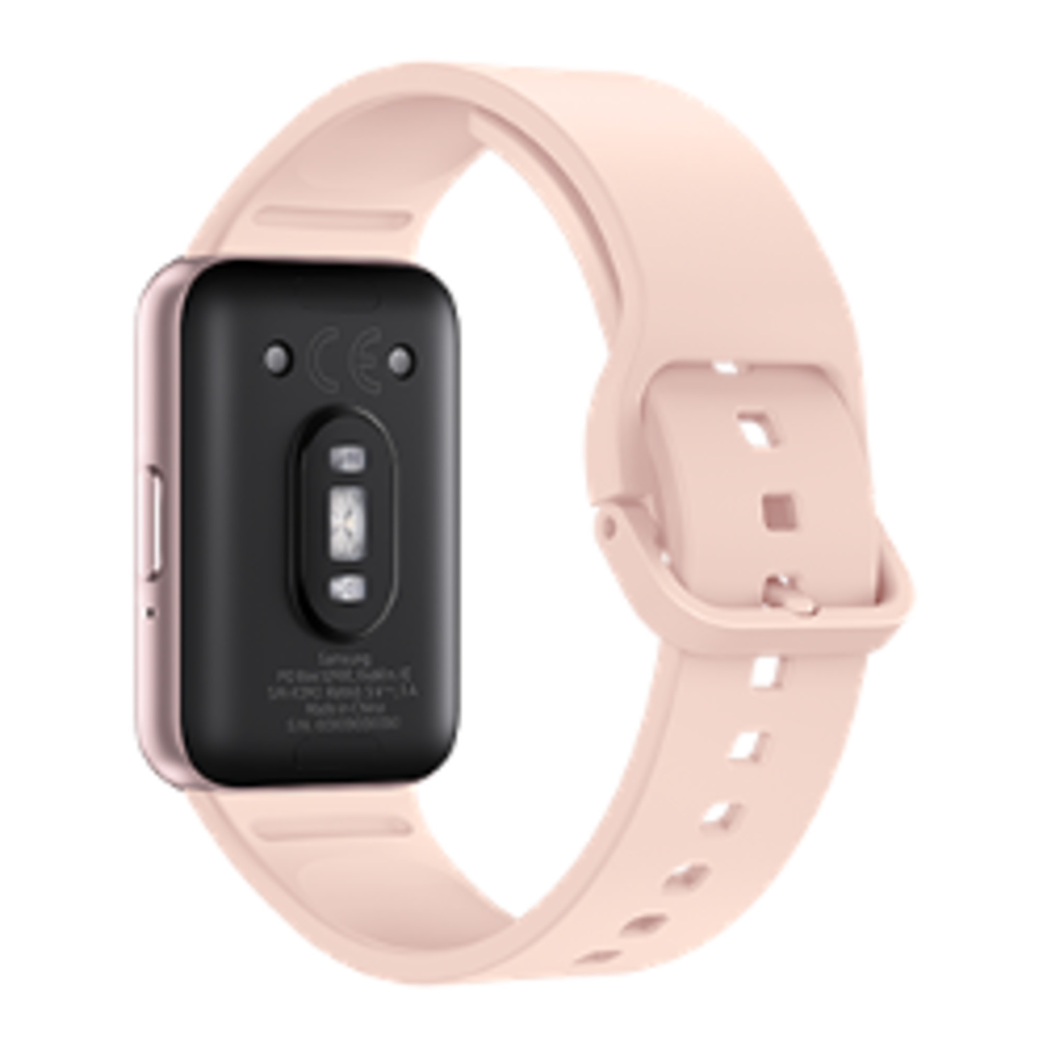 Close-up van een roze smartwatch met een zwarte basis en een roze band bevestigd.