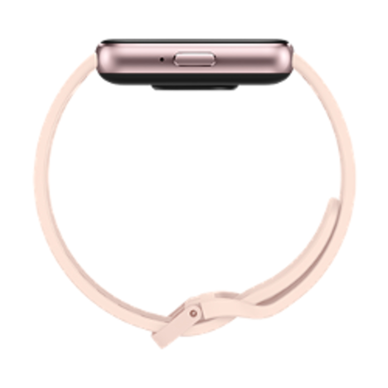 Smartwatch met een roze bandje, van bovenaf gezien. Het horloge heeft een rechthoekige wijzerplaat.