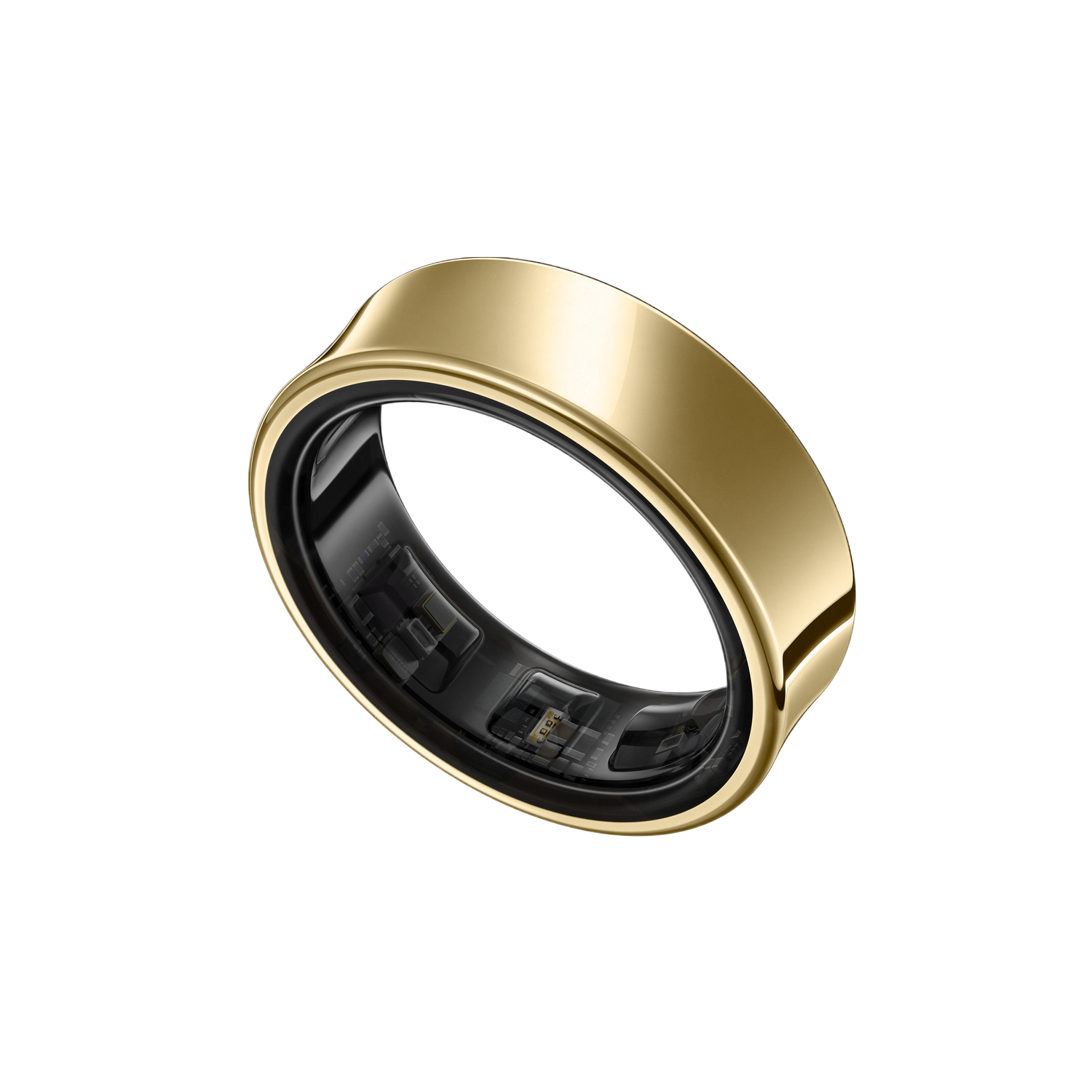 Bague intelligente dorée sur fond noir, avec composants internes visibles.