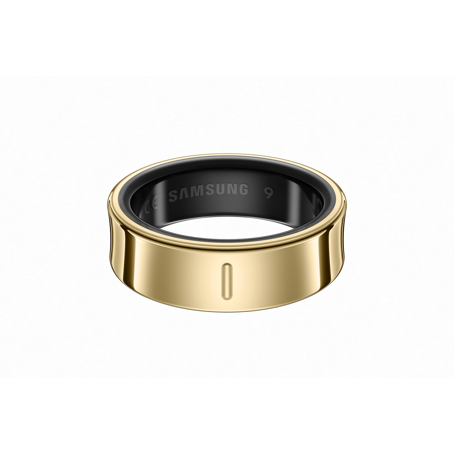 Une bague Samsung dorée avec un anneau intérieur noir. Elle a un renfoncement rectangulaire.