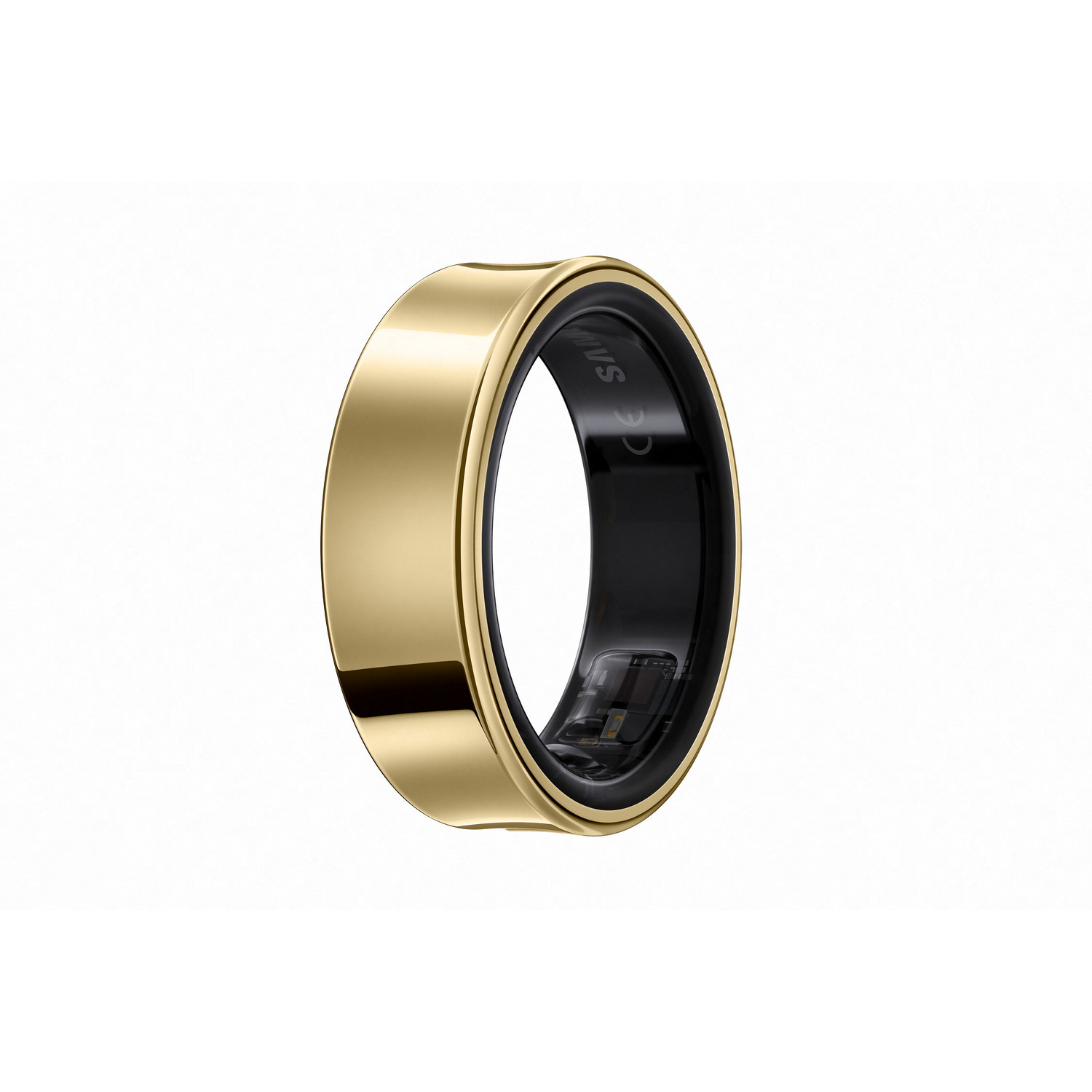 Gouden ringvormig draagbaar apparaat met een zwart interieur, waarschijnlijk een fitnesstracker, tegen een witte achtergrond.