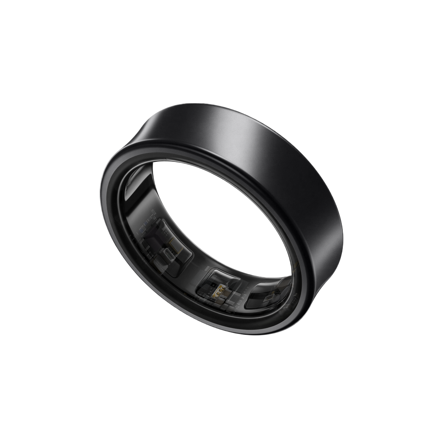 Bague intelligente noire sur fond noir. La bague a un extérieur noir lisse.