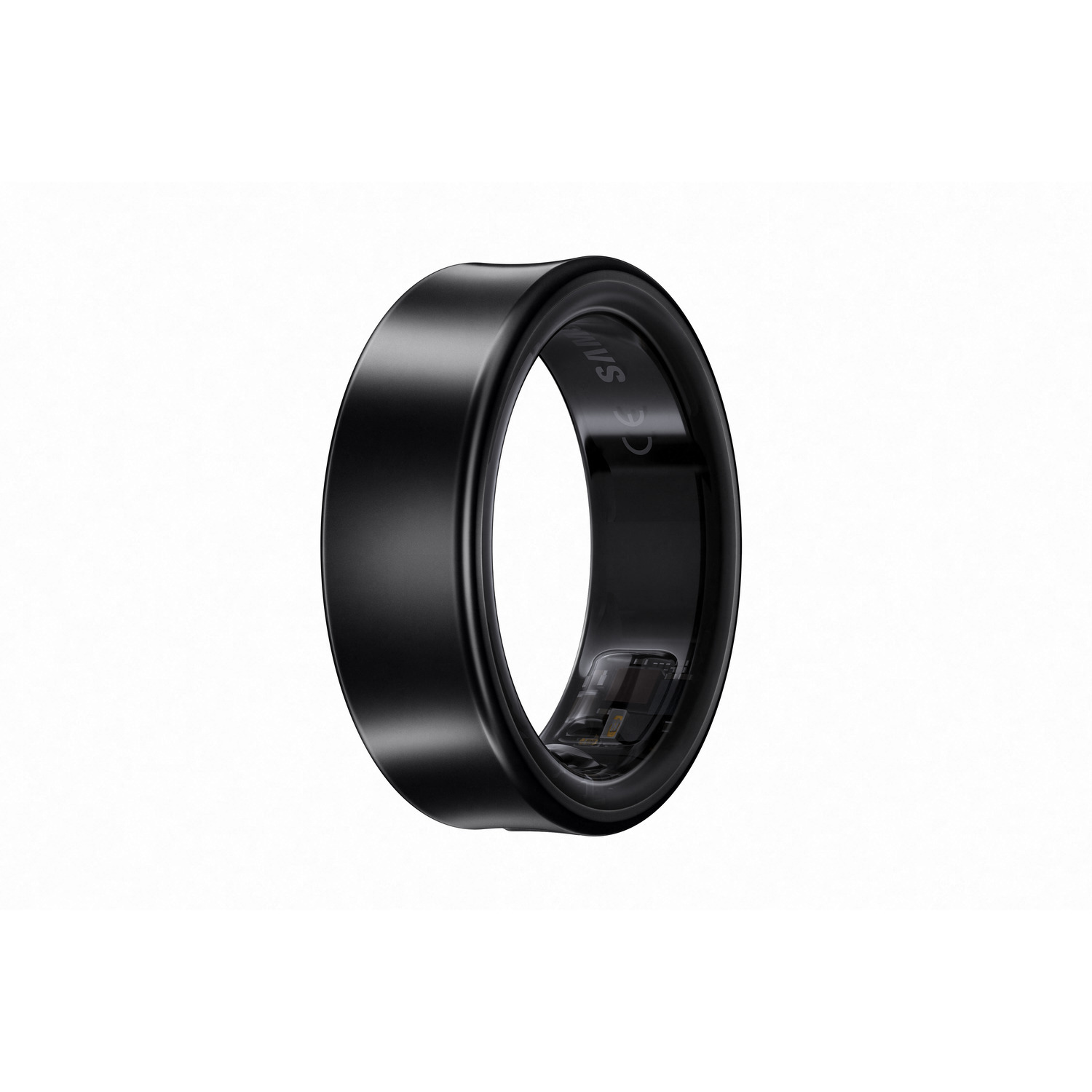 Bague intelligente noire sur fond blanc. Elle a un design incurvé et un capteur.