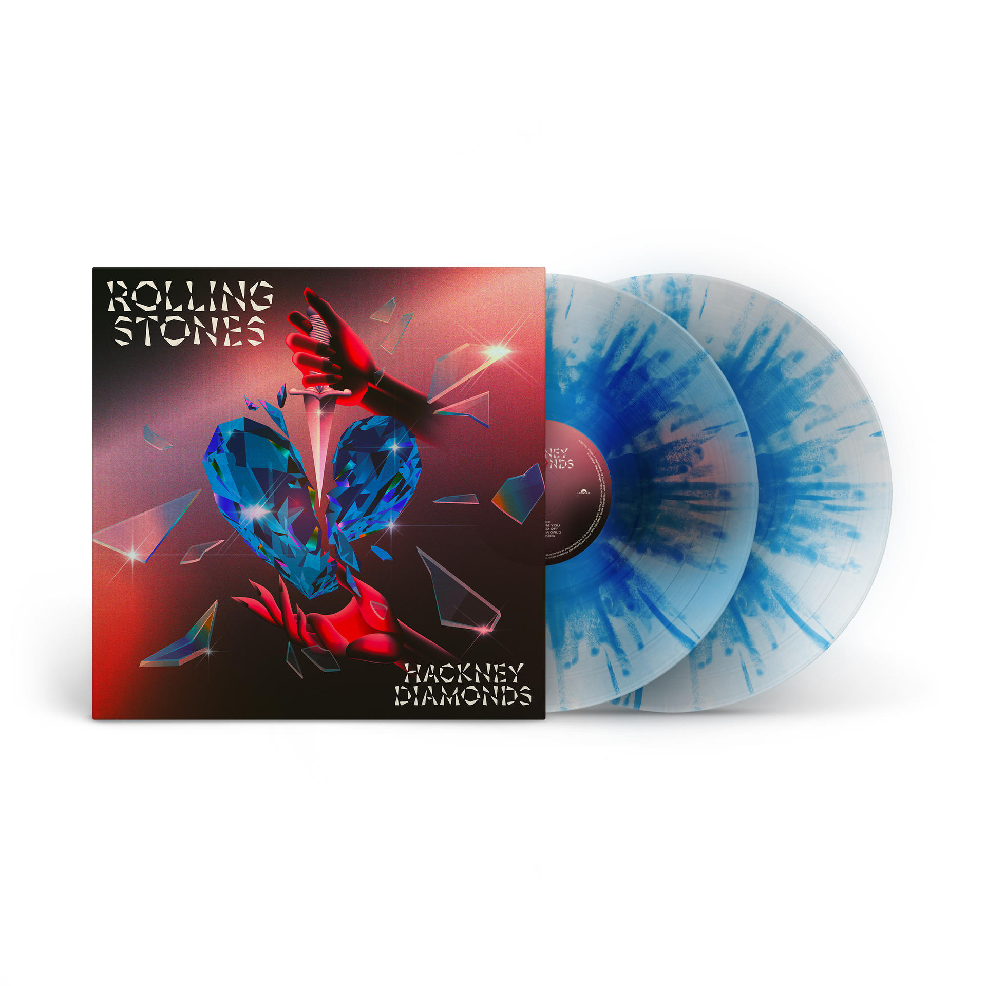Rolling Stones Albumcover. Eine Hand zerbricht einen blauen Diamanten, daneben zwei blaue Vinyls.