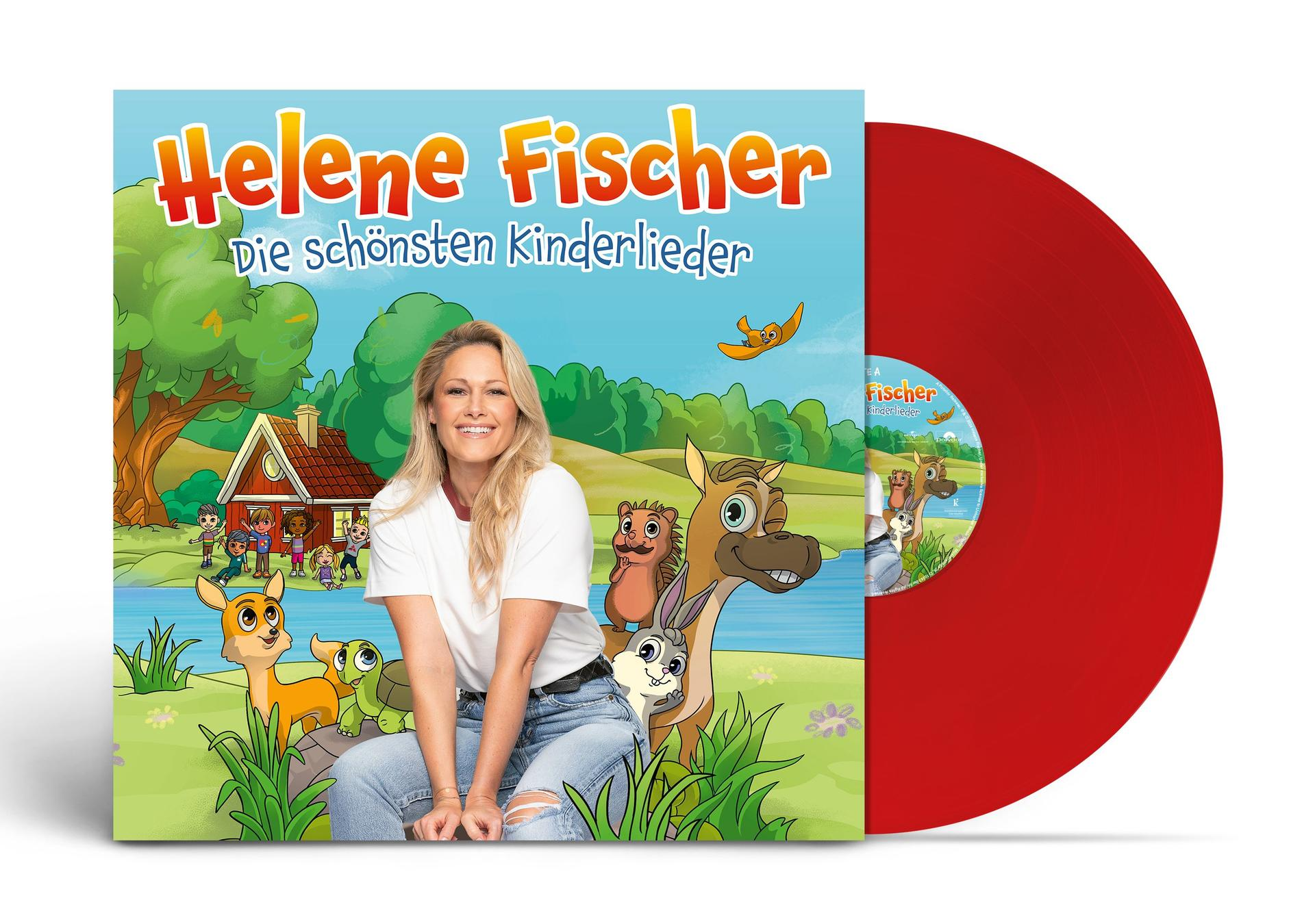Das Albumcover von Helene Fischers 'Die schönsten Kinderlieder' auf einer roten Vinyl-Schallplatte.