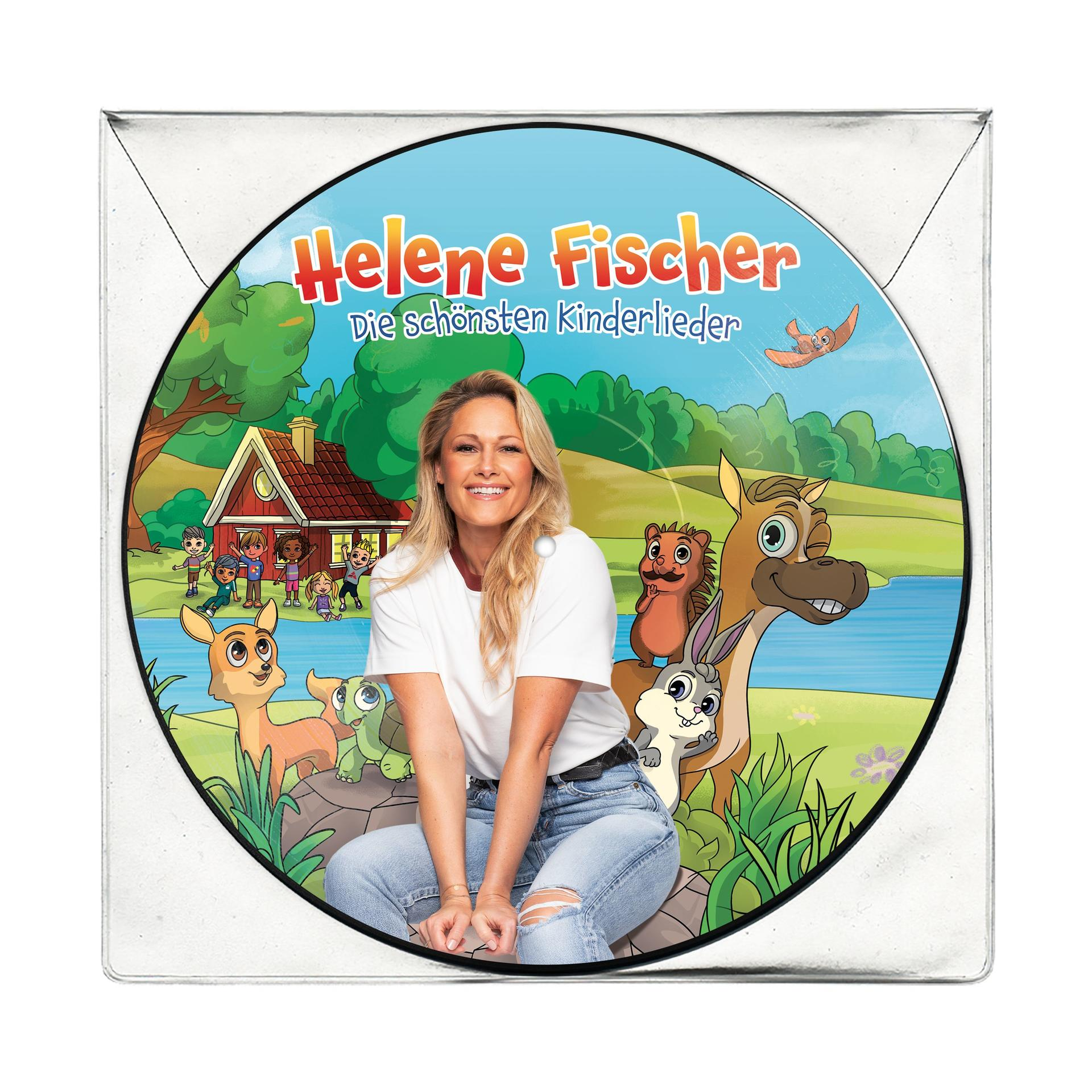Ein CD-Cover mit Helene Fischer, Zeichentieren und Text. Das Cover befindet sich in einer transparenten Hülle.