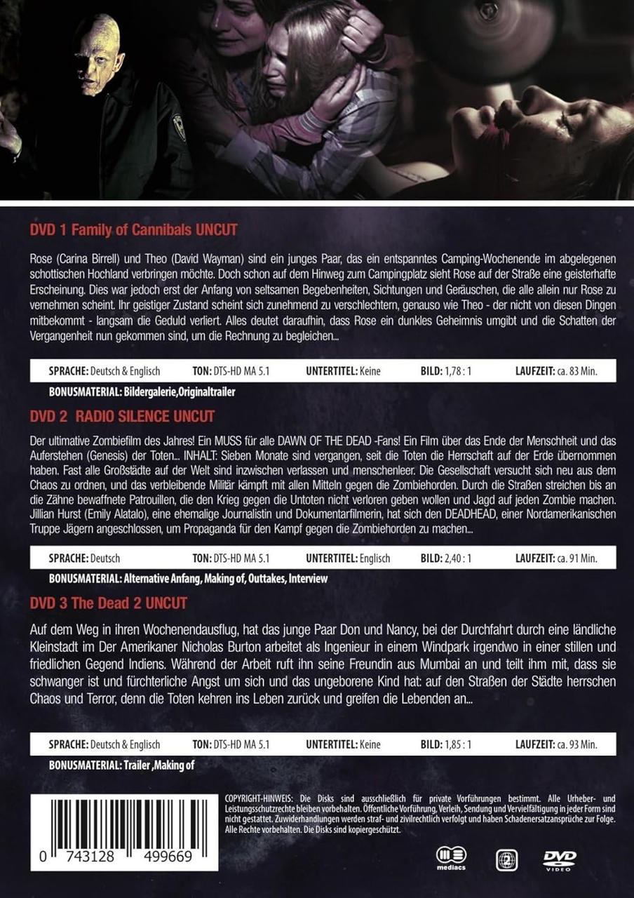 DVD-Hülle mit Filminfo: Family of Cannibals, Radio Silence, The Dead 2.