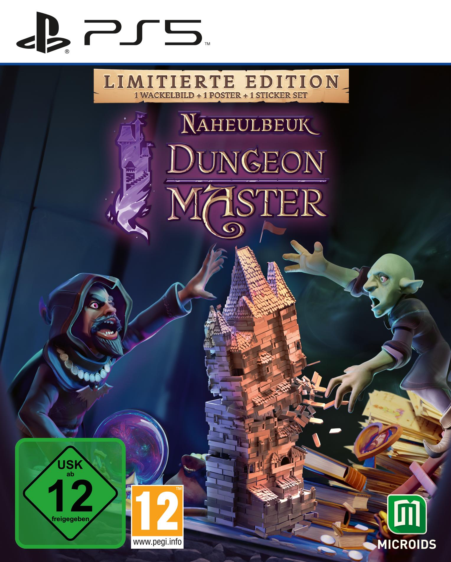 Spiel-Cover: Naheulbeuk Dungeon Master, mit zwei Charakteren und einem Gebäude. PS5-Logo oben links.