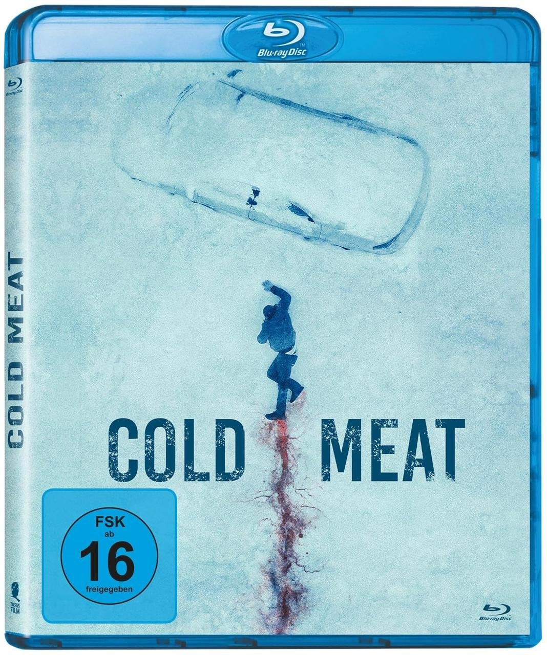 Blu-ray-Cover: Mann fällt in den Schnee, Titel: Cold Meat. Blauer Hintergrund.