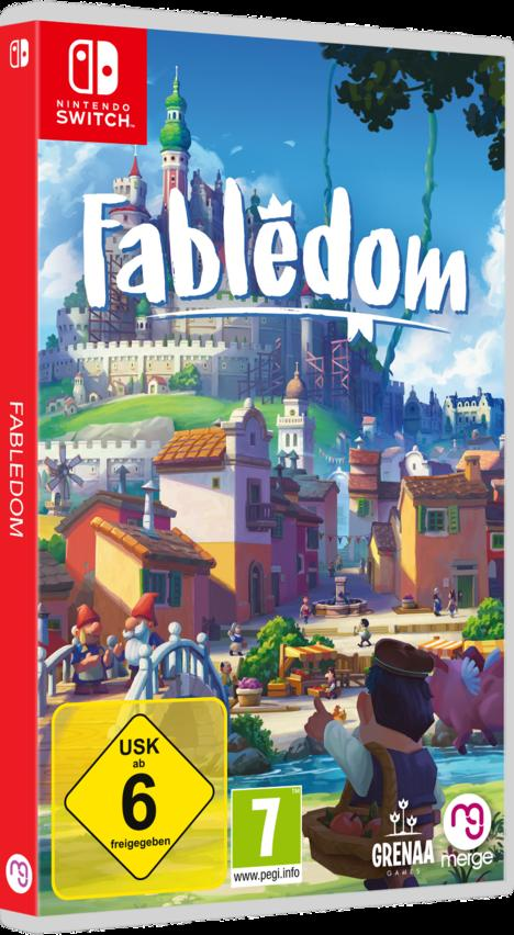 Eine Nintendo Switch-Spielbox für Fabledom mit einer Burg- und Stadtszene.