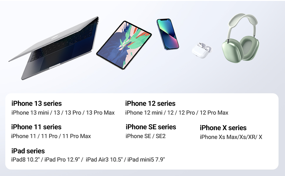 Birden fazla Apple ürünü: MacBook, iPad, iPhone, AirPods ve kulaklıklar, hepsi açık gri bir arka plan üzerinde.